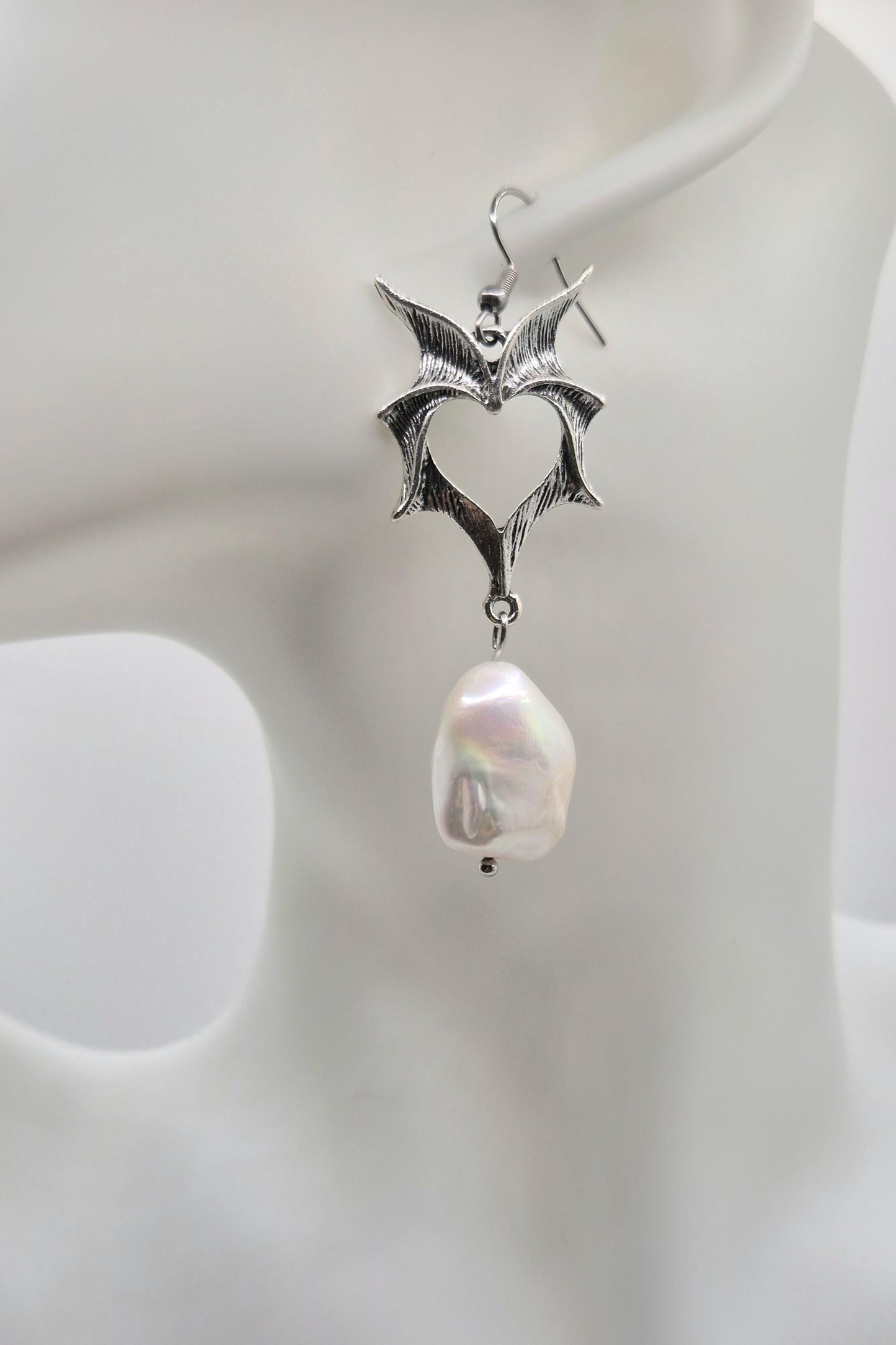 Demon Heart Earrings with Large Baroque Pearls