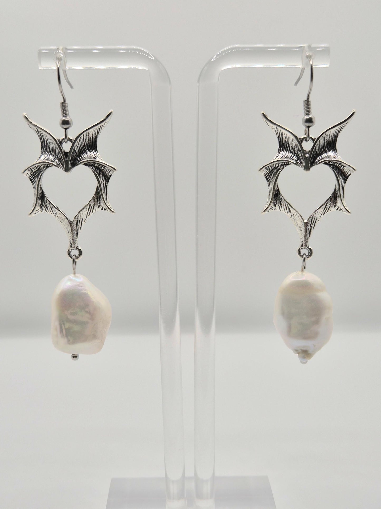 Demon Heart Earrings with Large Baroque Pearls