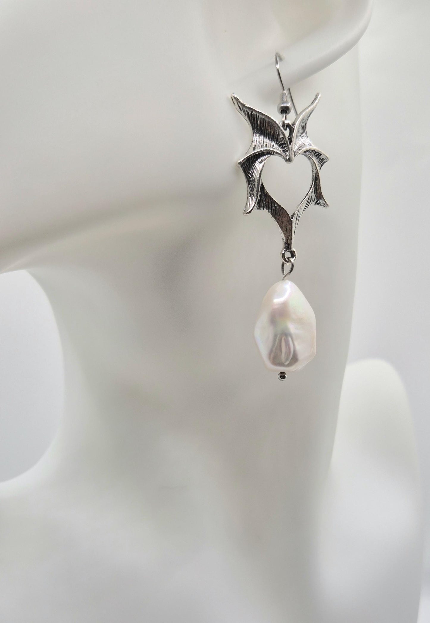Demon Heart Earrings with Large Baroque Pearls