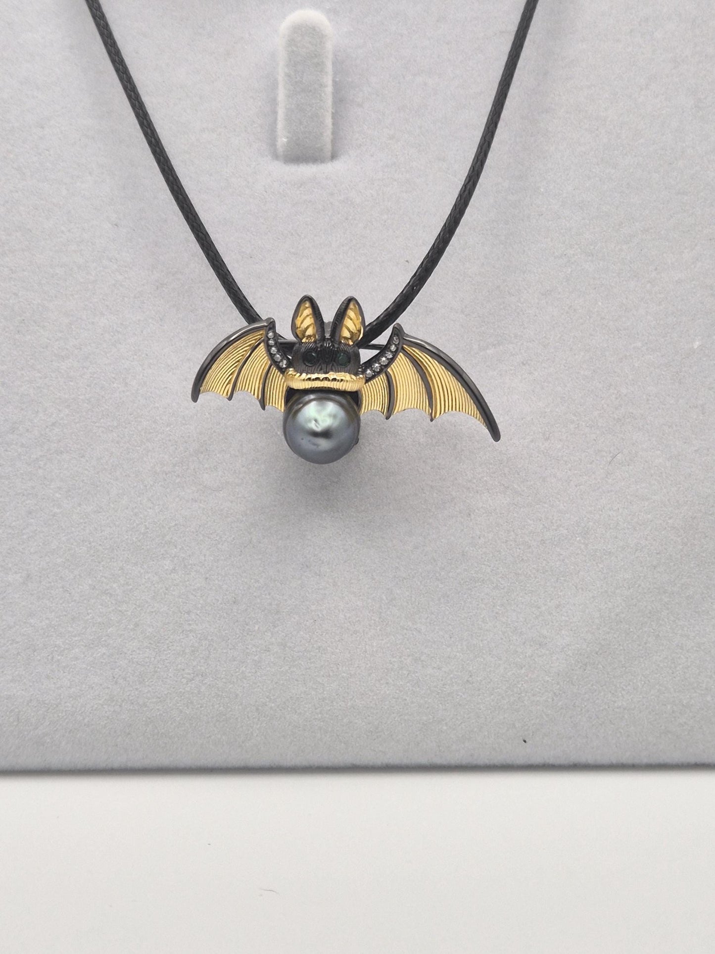Black Tahitian Golden Bat Pendant & Pin - Sterling Silver