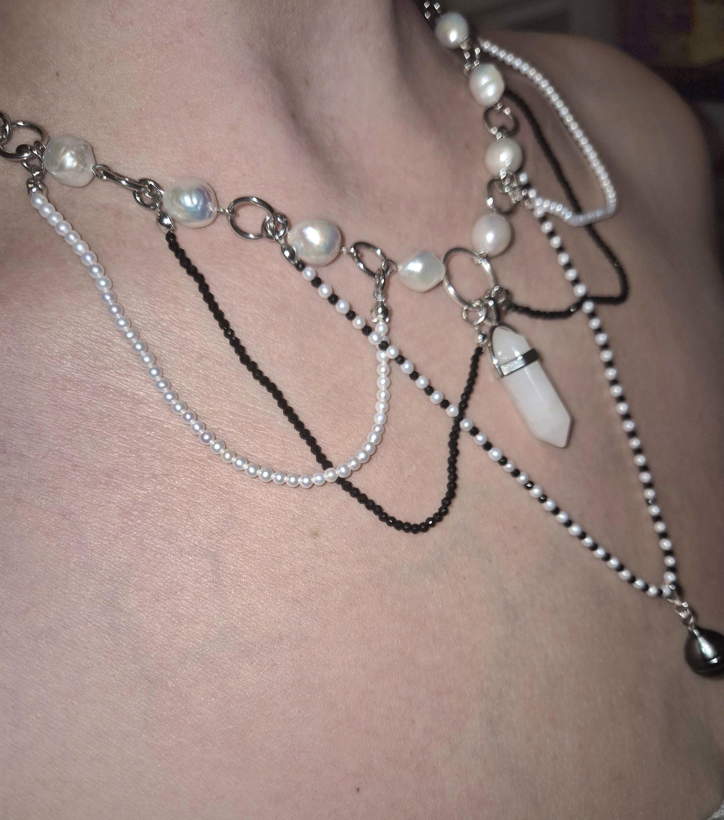 Multiple Strand Pearl & Crystal Bead Necklace with Centre Crystal, Black Tahitian + White Pearls