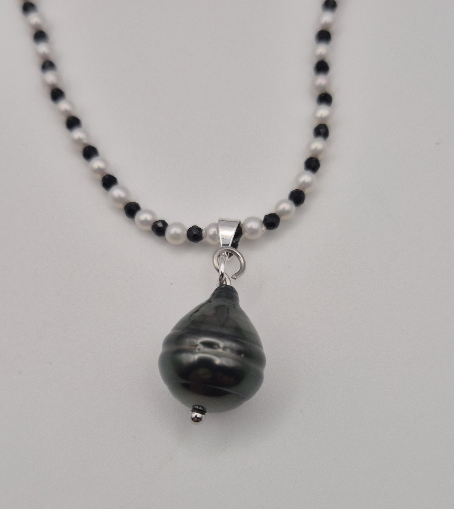 Multiple Strand Pearl & Crystal Bead Necklace with Centre Crystal, Black Tahitian + White Pearls