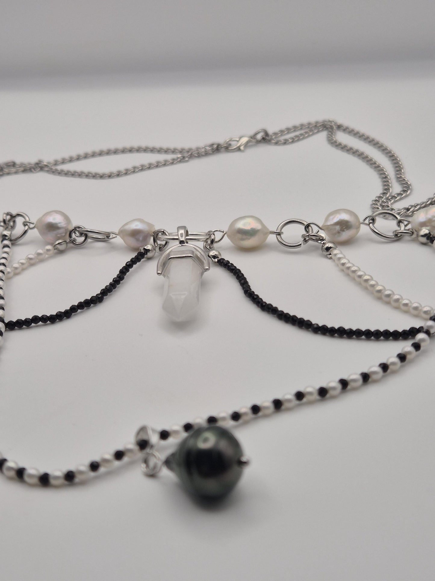 Multiple Strand Pearl & Crystal Bead Necklace with Centre Crystal, Black Tahitian + White Pearls