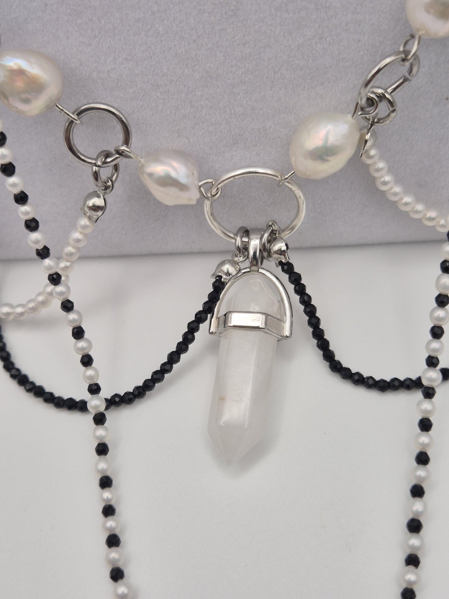 Multiple Strand Pearl & Crystal Bead Necklace with Centre Crystal, Black Tahitian + White Pearls