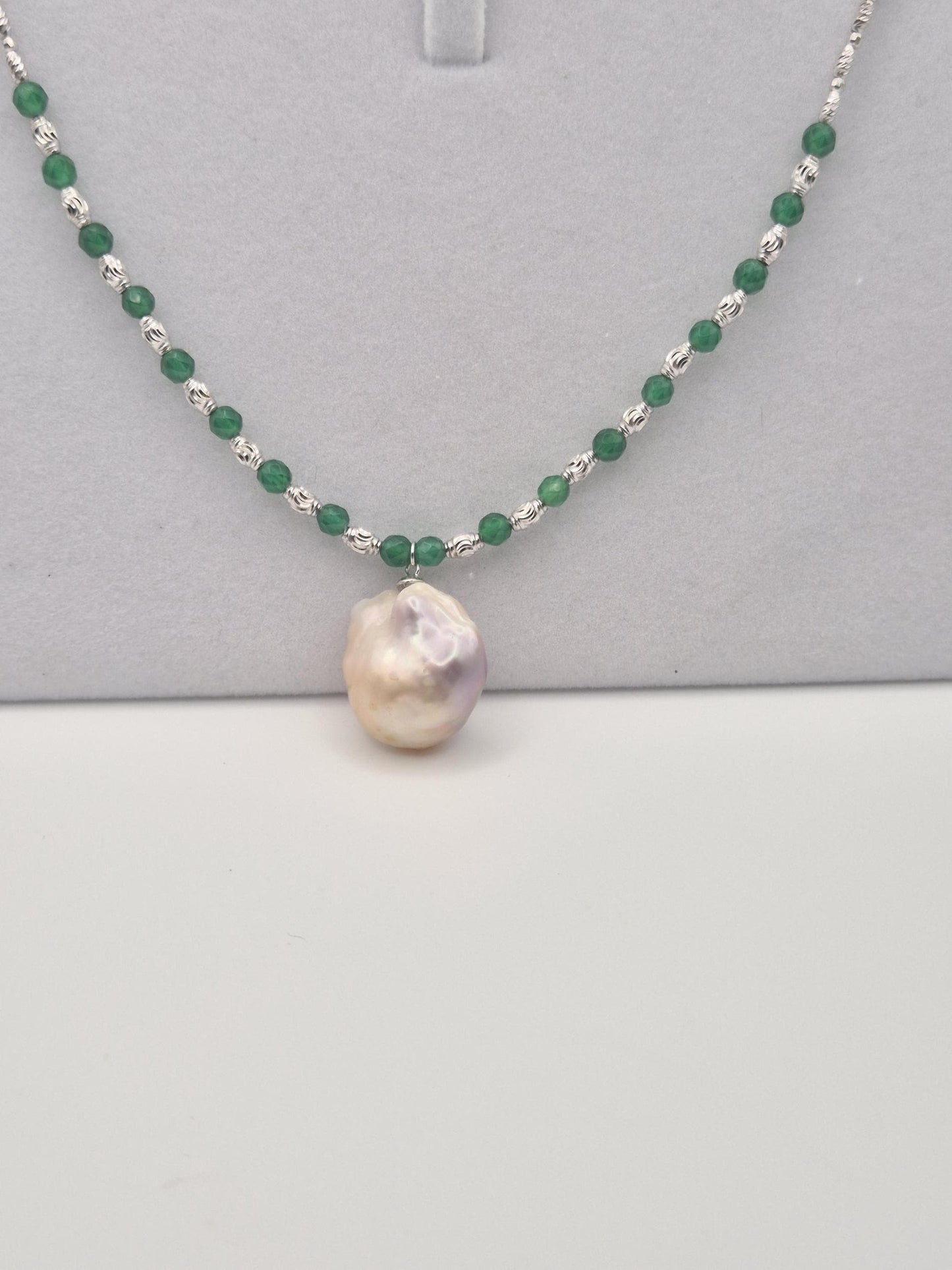 Jade & Stirling Silver Necklace with Baroque Pearl