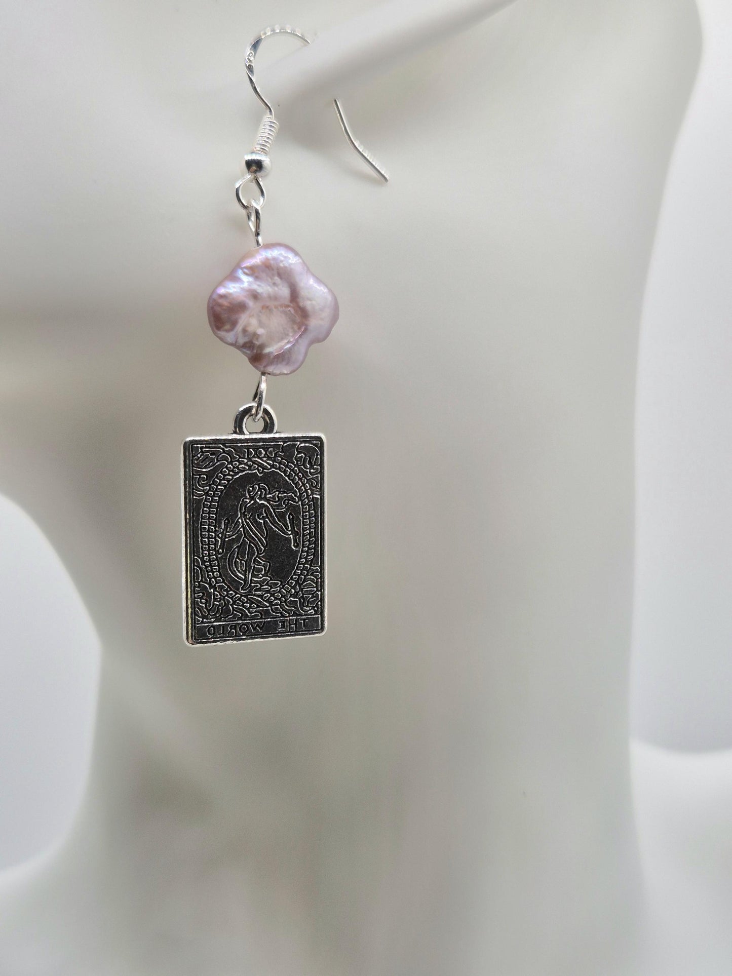 The World Tarot Card Earrings with Clover Pearls