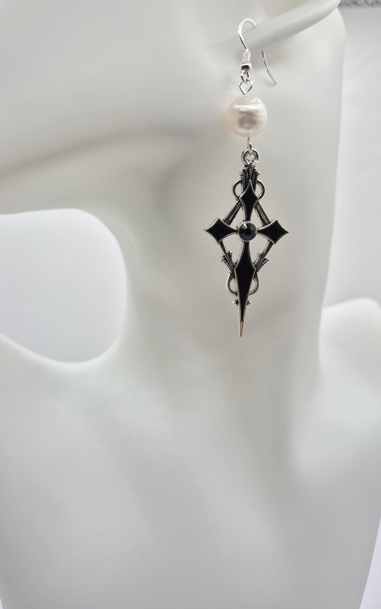 Gothic Cross Pearl Drop Earrings