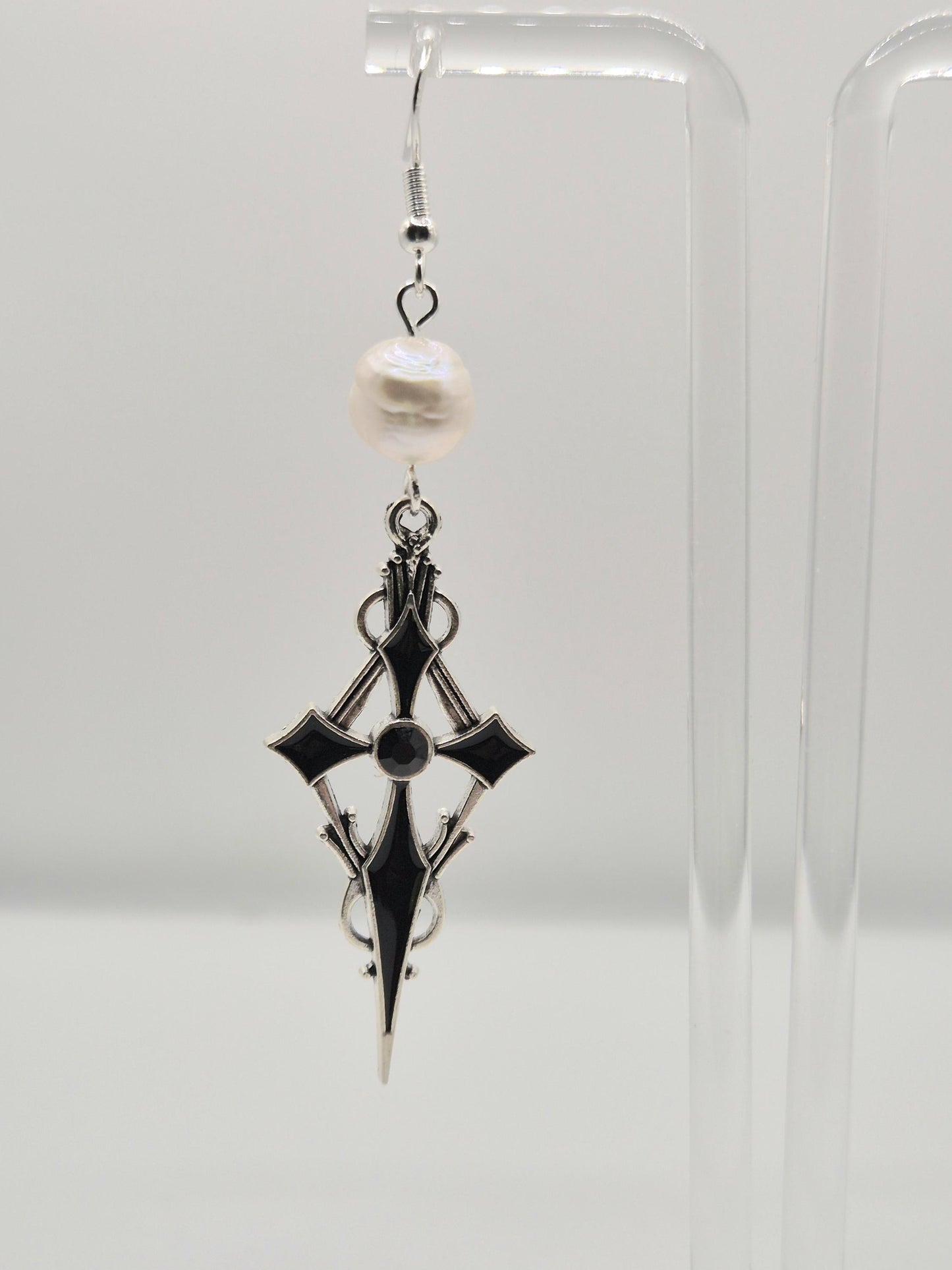 Gothic Cross Pearl Drop Earrings