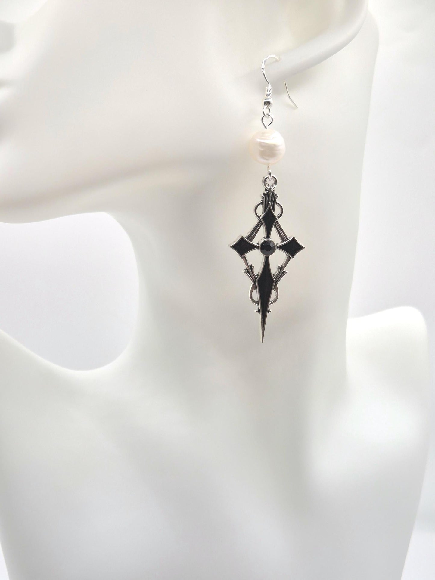 Gothic Cross Pearl Drop Earrings