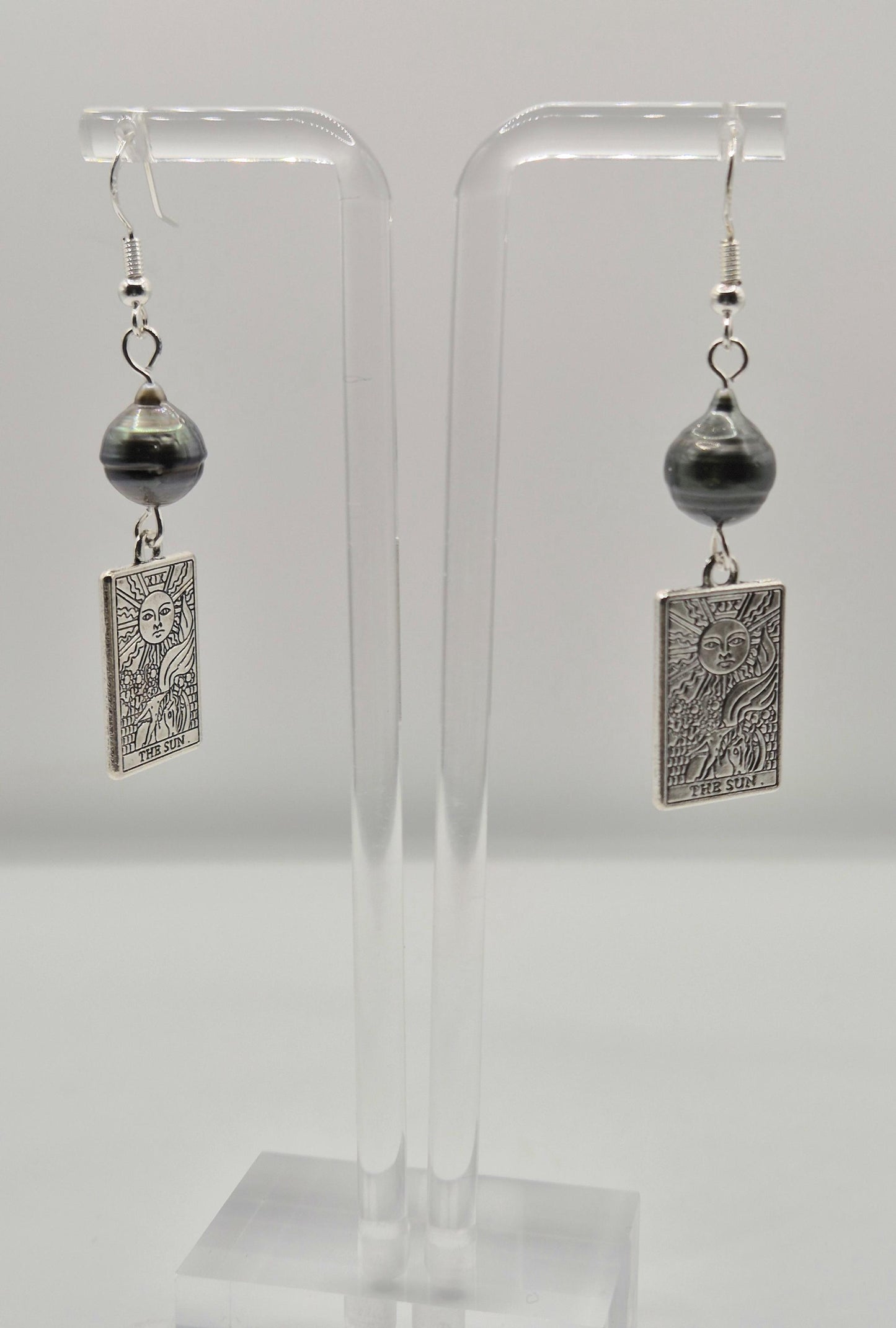 The Sun Tarot Card Earrings with Black Tahitian Pearls