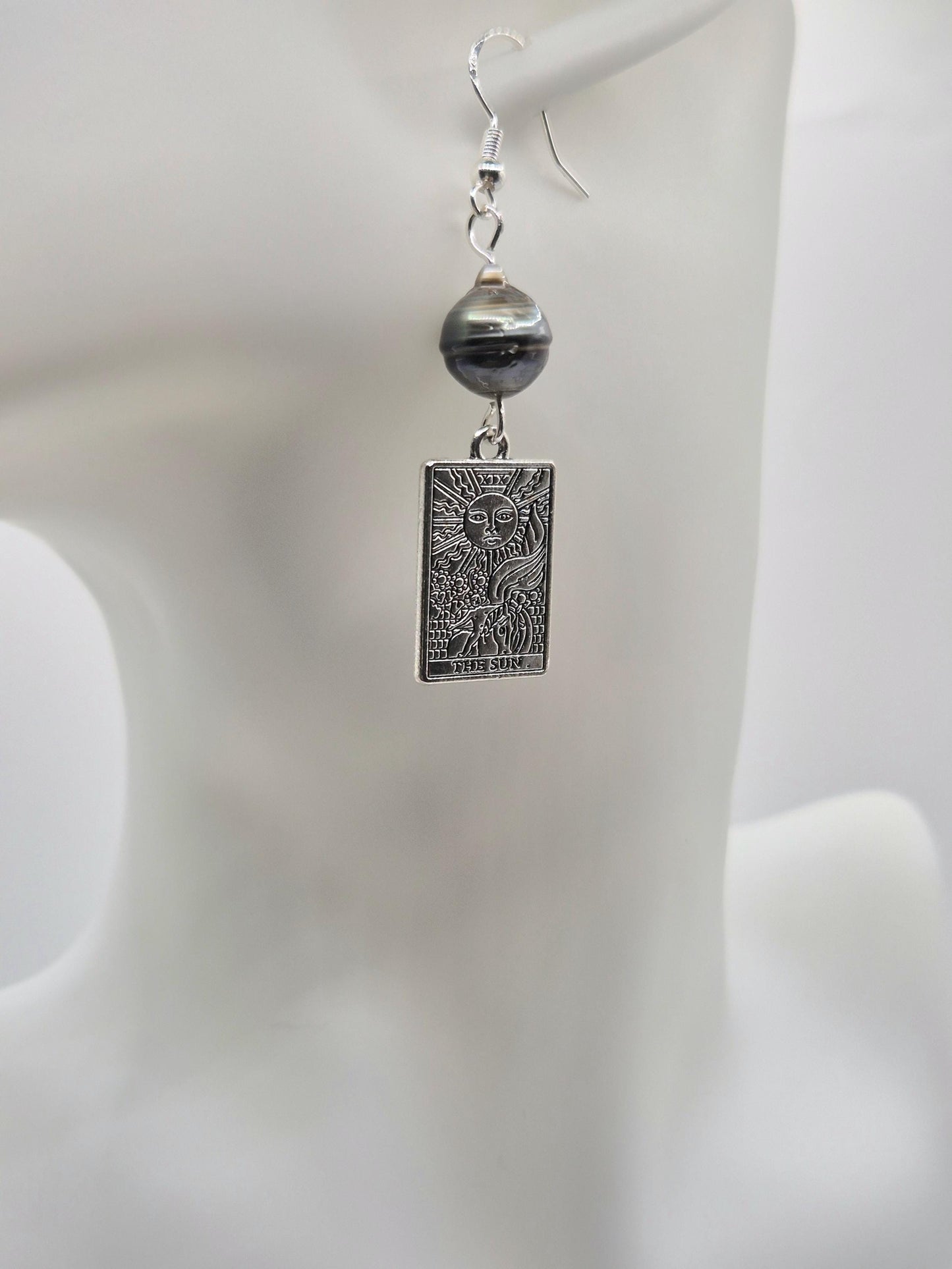 The Sun Tarot Card Earrings with Black Tahitian Pearls