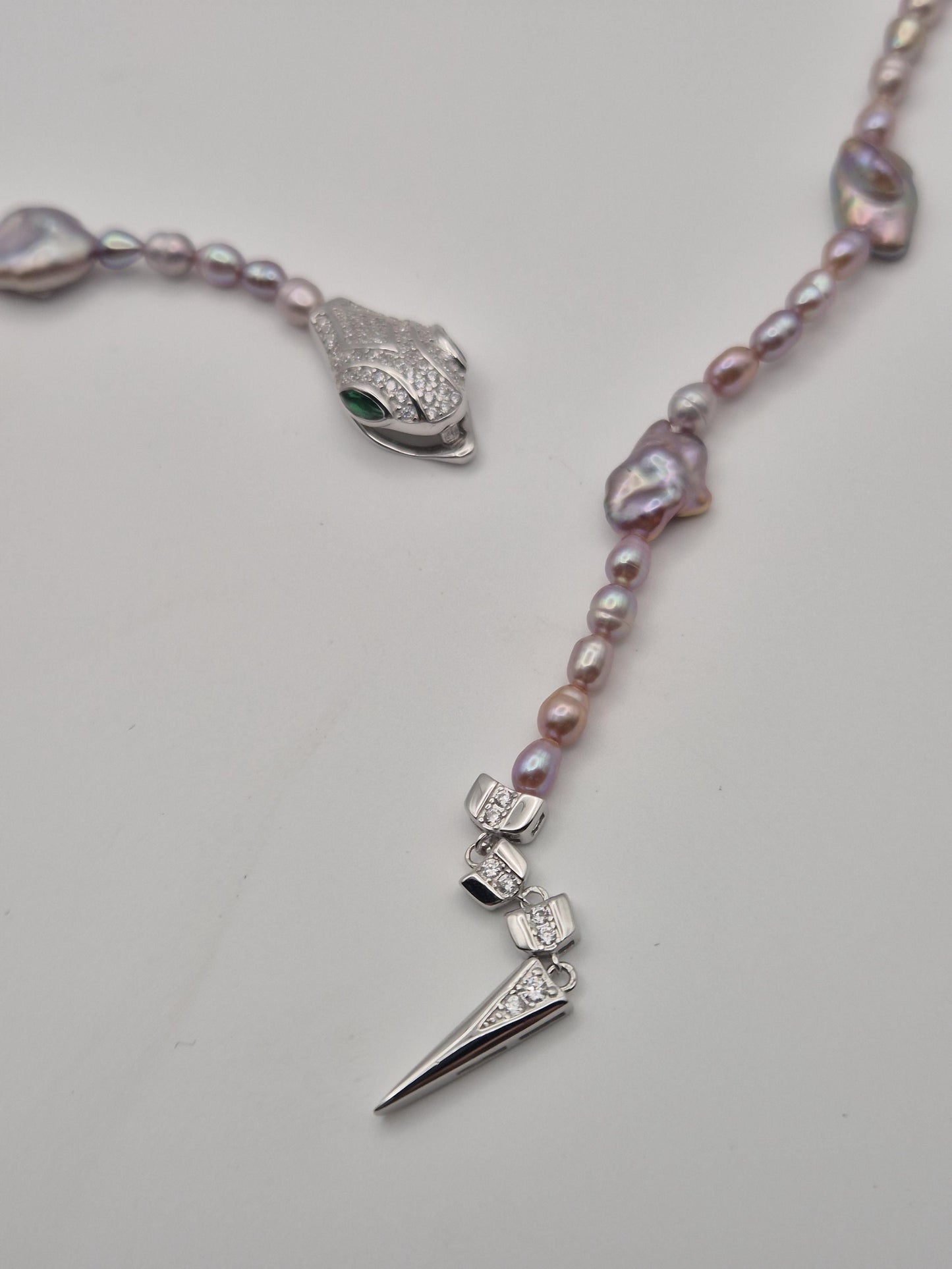 Adjustable Silver Snake Full String Pearl Necklace - Front Fastening
