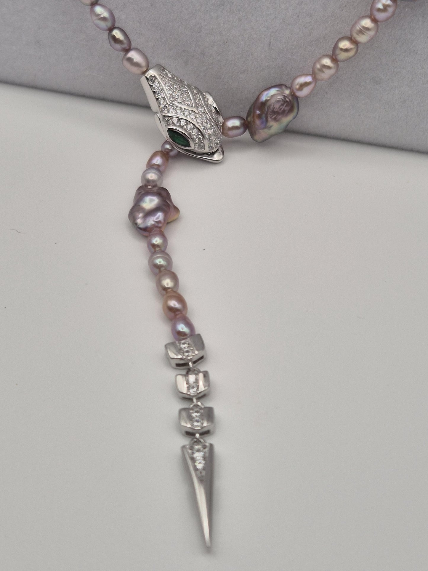 Adjustable Silver Snake Full String Pearl Necklace - Front Fastening