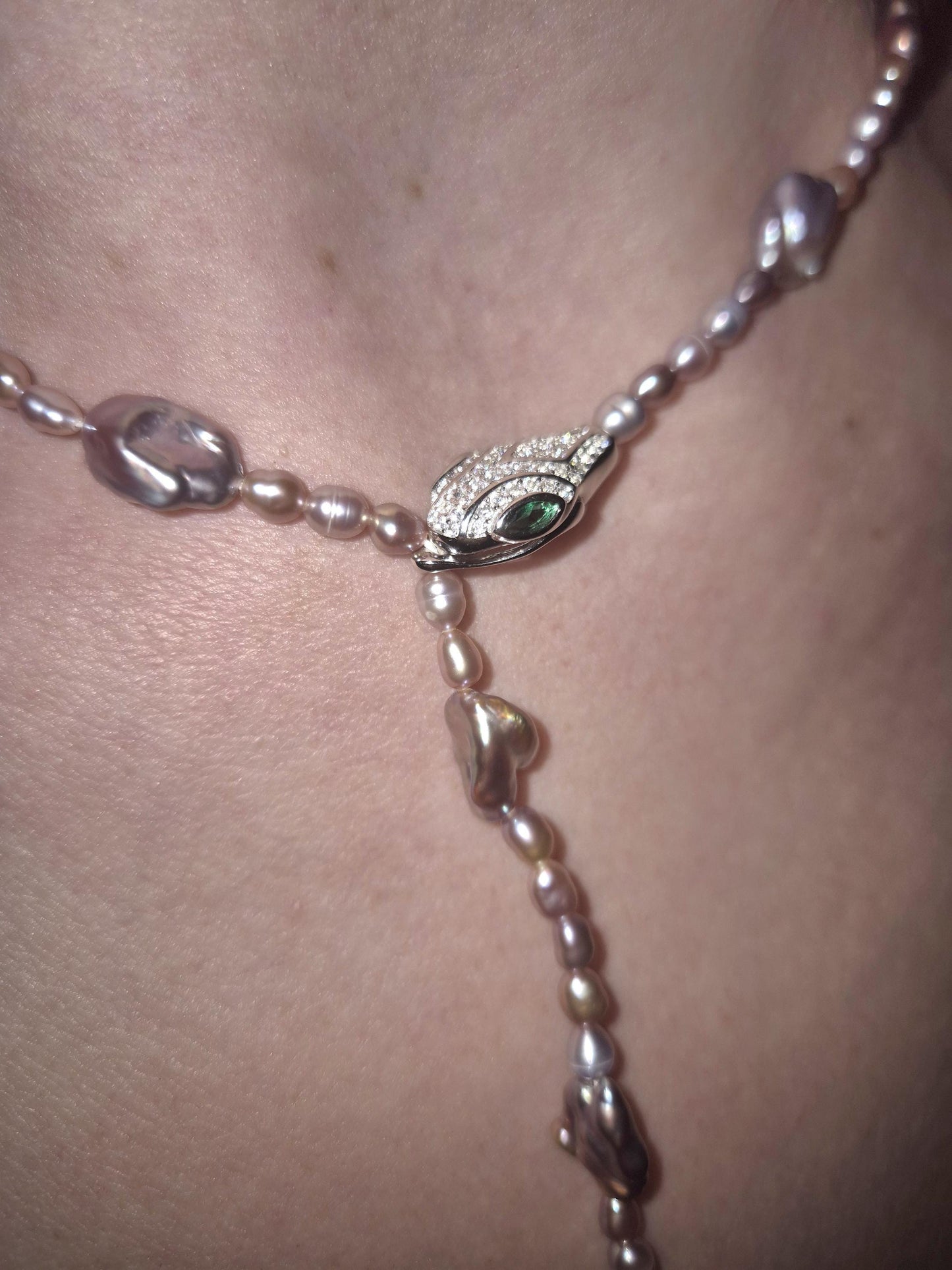 Adjustable Silver Snake Full String Pearl Necklace - Front Fastening
