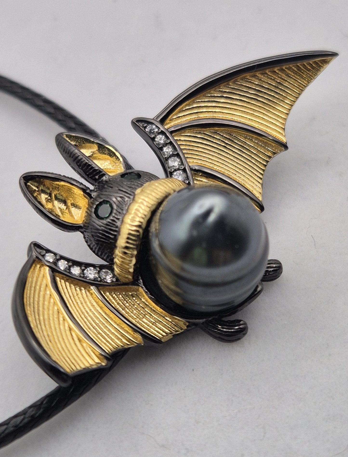 Black Tahitian Golden Bat Pendant & Pin - Sterling Silver