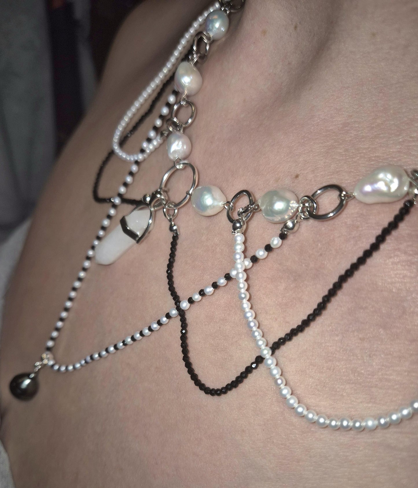 Multiple Strand Pearl & Crystal Bead Necklace with Centre Crystal, Black Tahitian + White Pearls