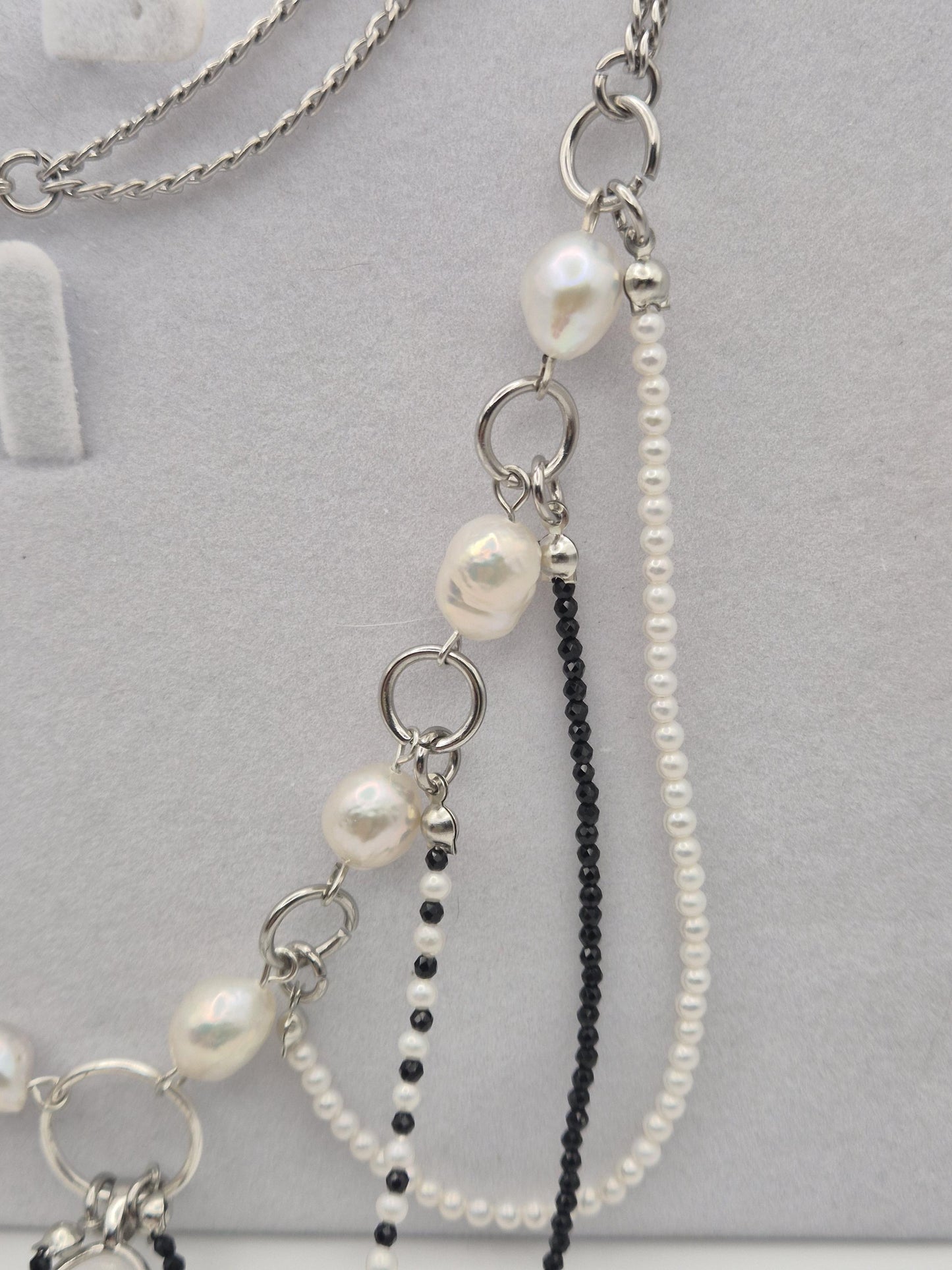 Multiple Strand Pearl & Crystal Bead Necklace with Centre Crystal, Black Tahitian + White Pearls