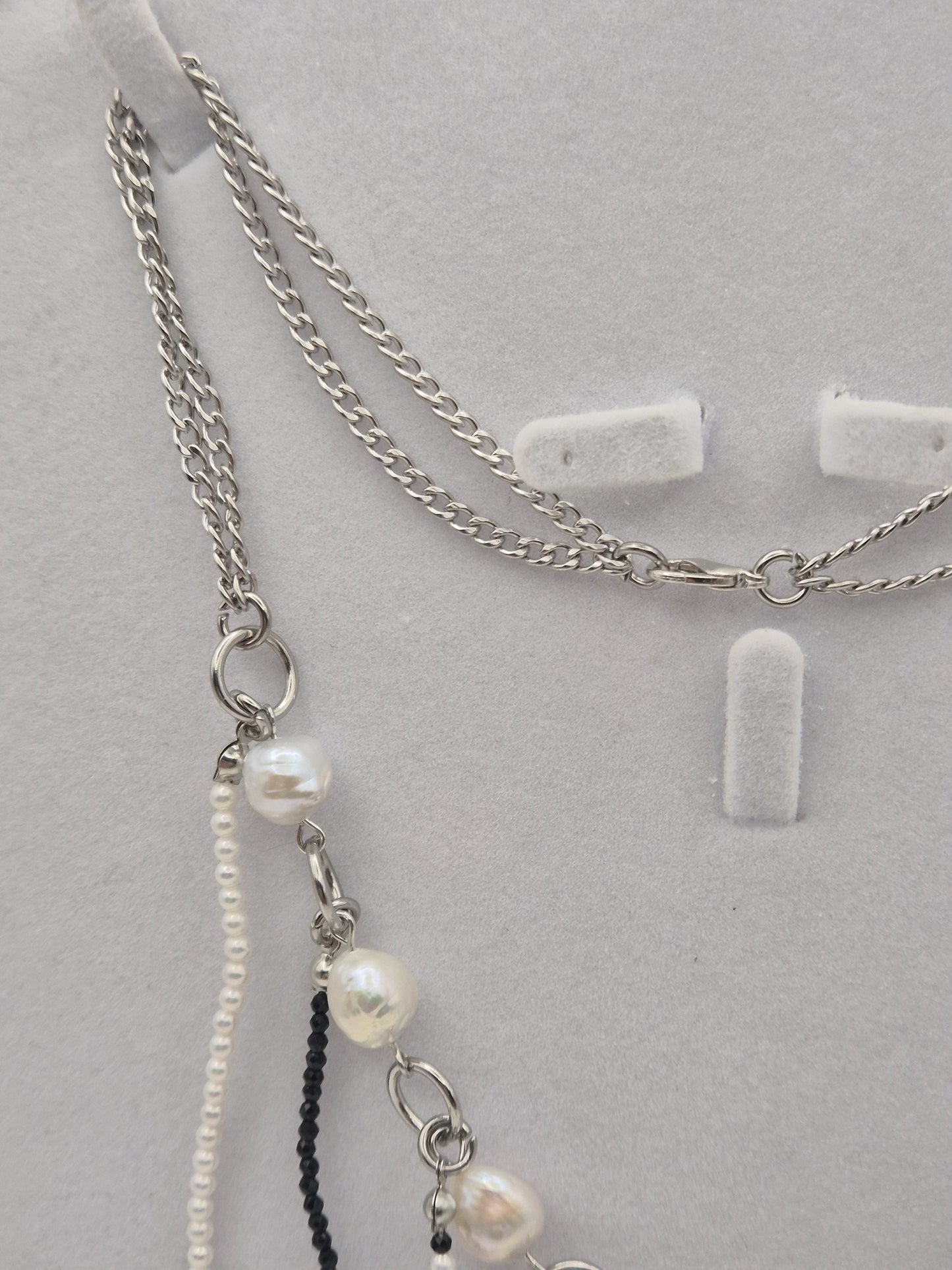 Multiple Strand Pearl & Crystal Bead Necklace with Centre Crystal, Black Tahitian + White Pearls