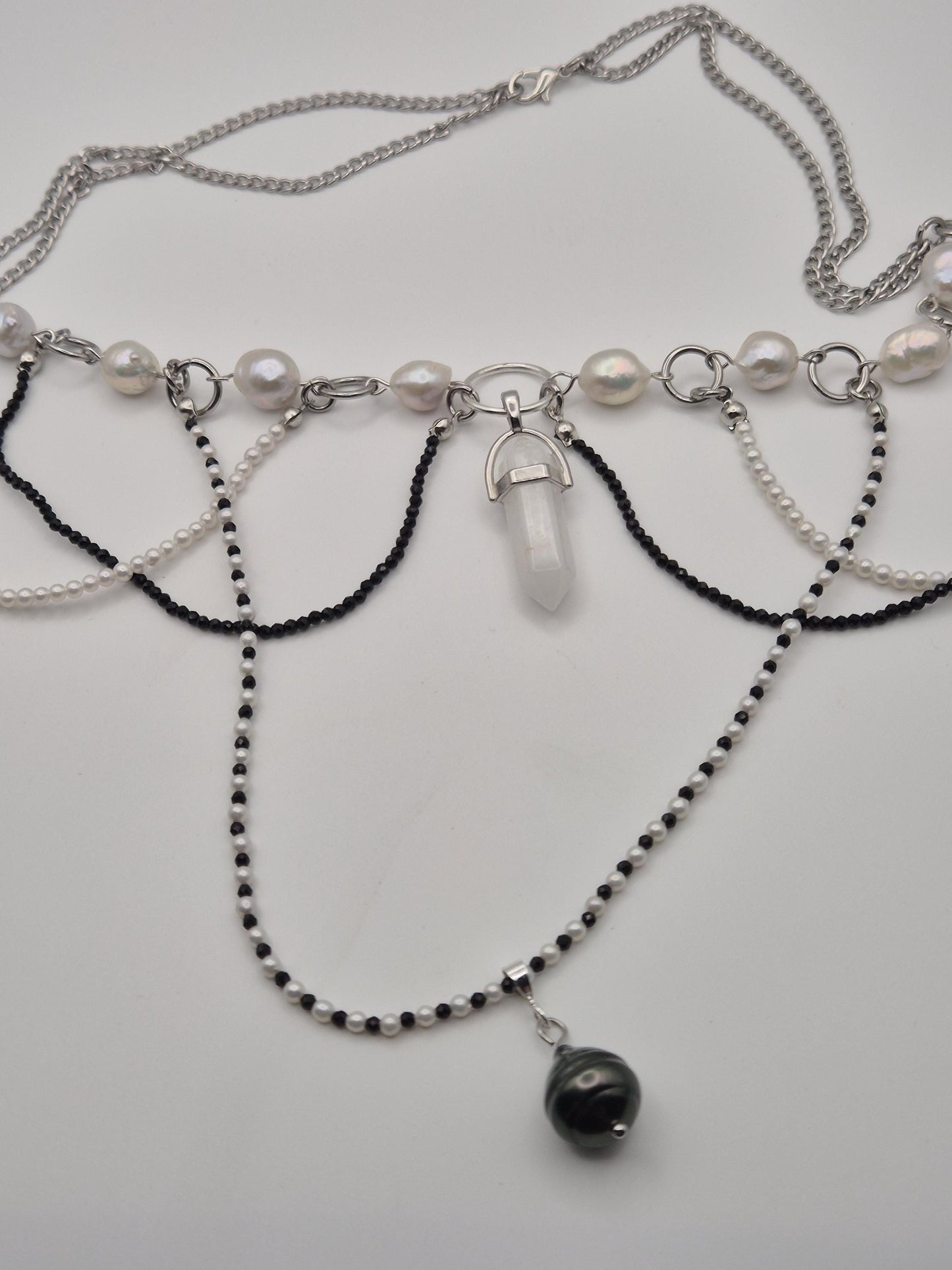 Multiple Strand Pearl & Crystal Bead Necklace with Centre Crystal, Black Tahitian + White Pearls