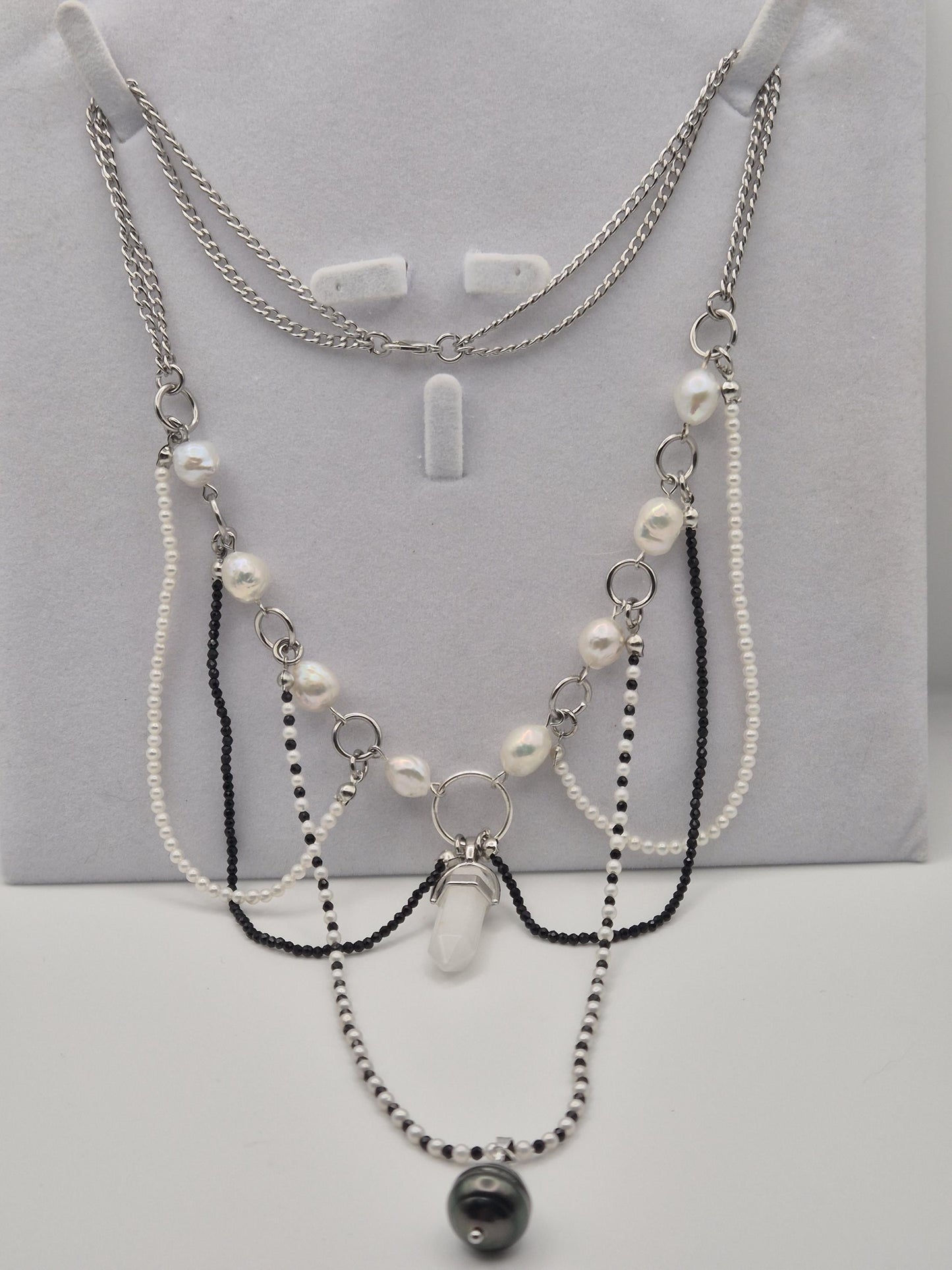 Multiple Strand Pearl & Crystal Bead Necklace with Centre Crystal, Black Tahitian + White Pearls
