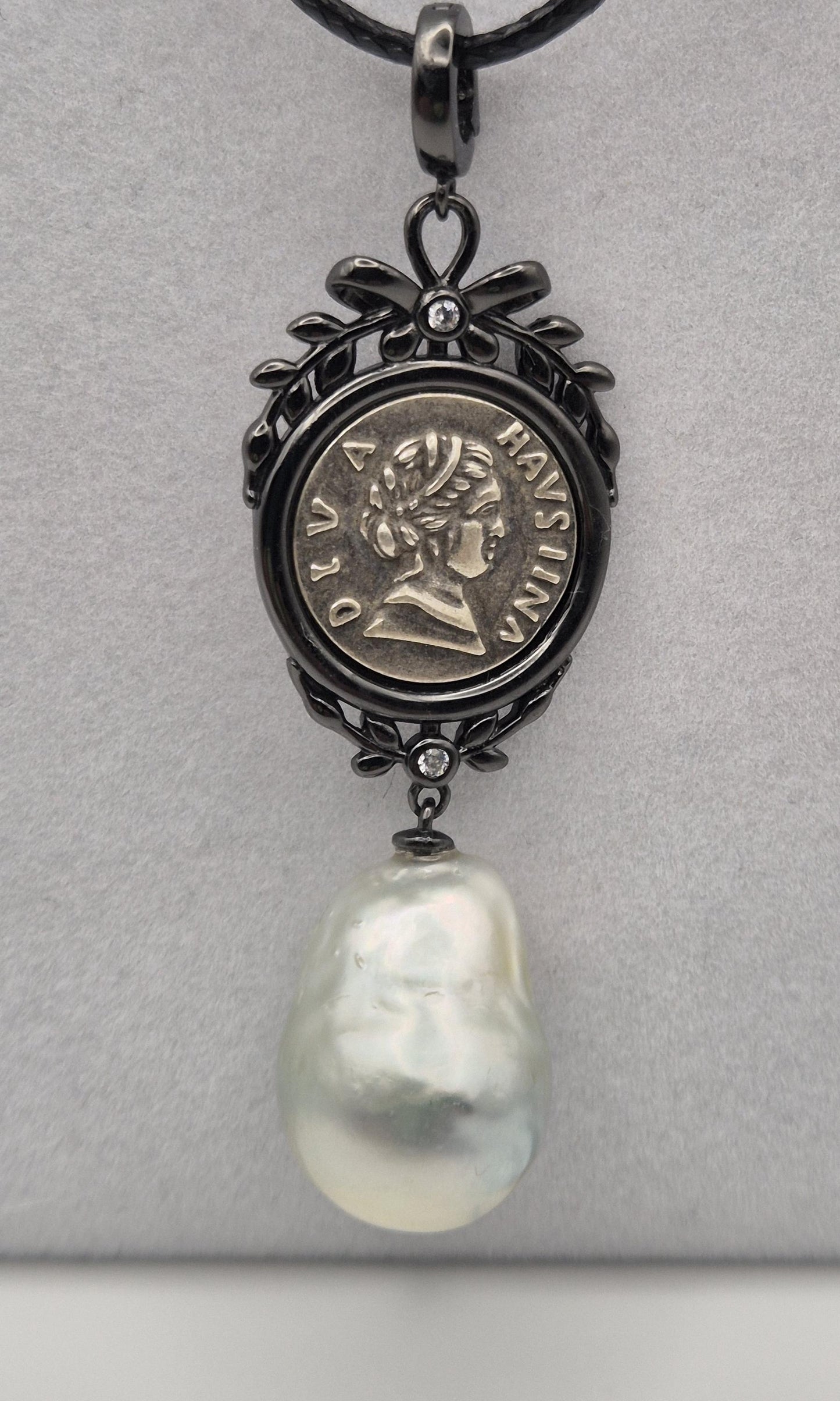 Vintage Coin Pendant with Baroque Australian White Pearl - Sterling Silver