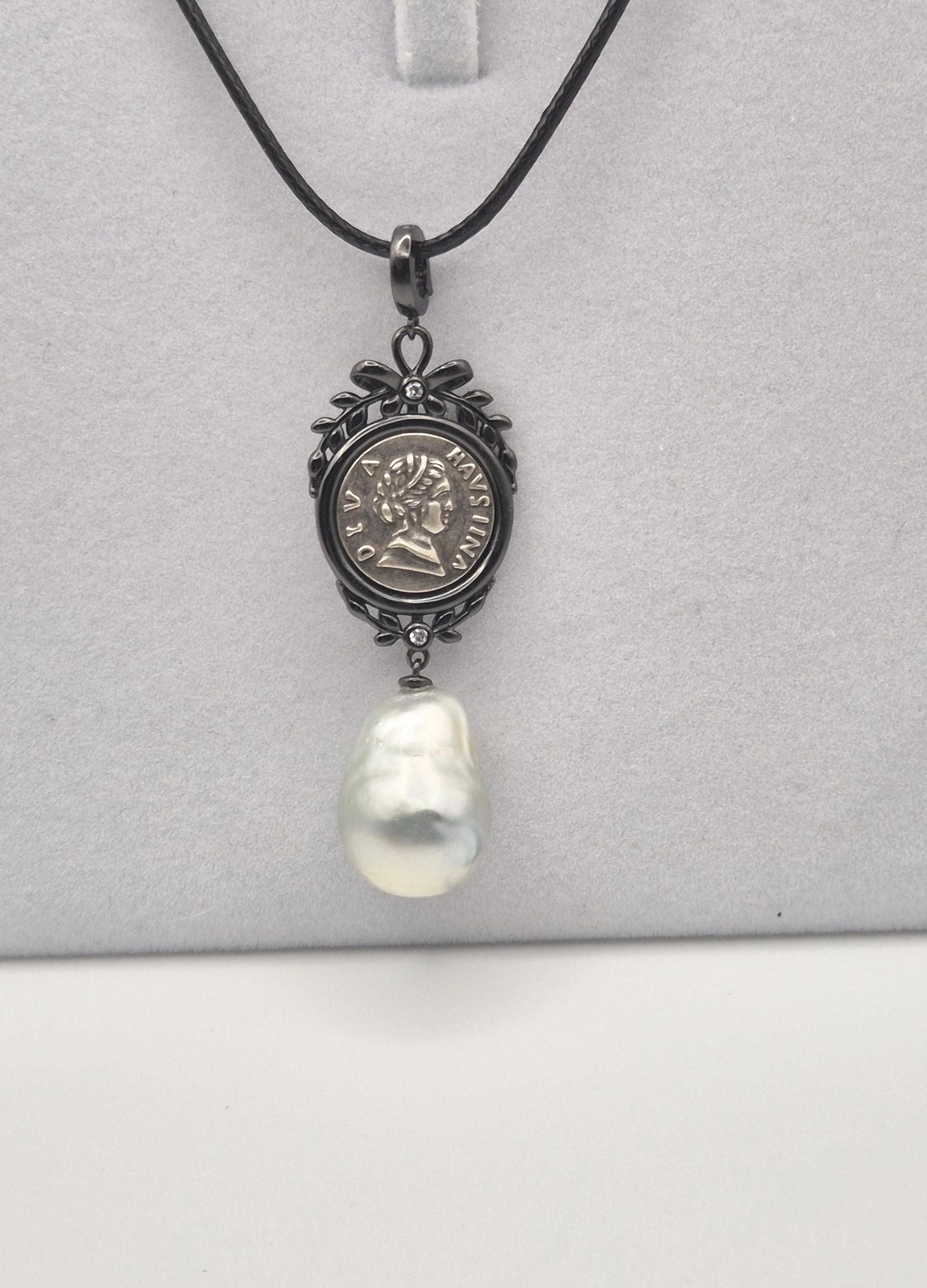 Vintage Coin Pendant with Baroque Australian White Pearl - Sterling Silver