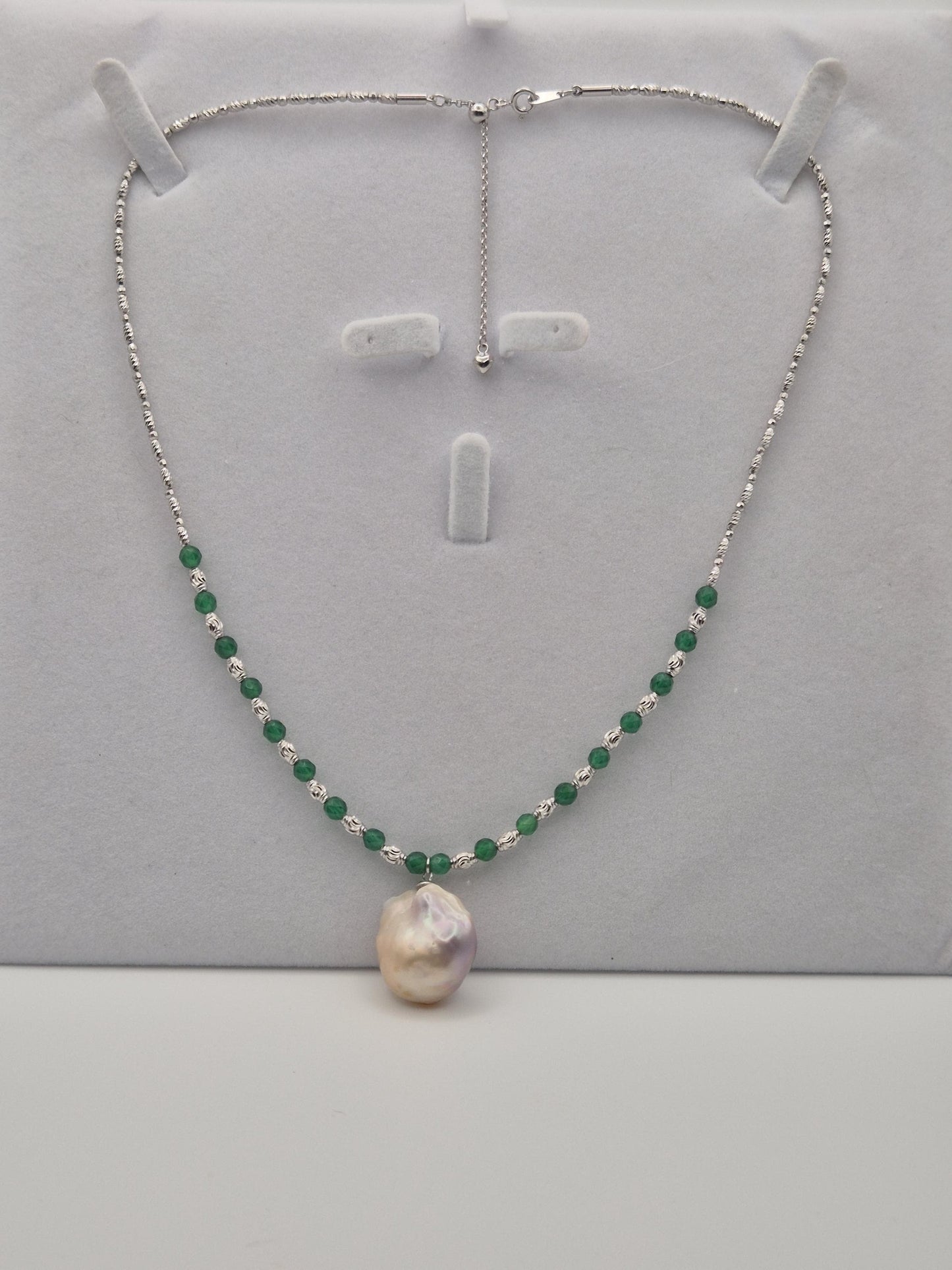 Jade & Stirling Silver Necklace with Baroque Pearl