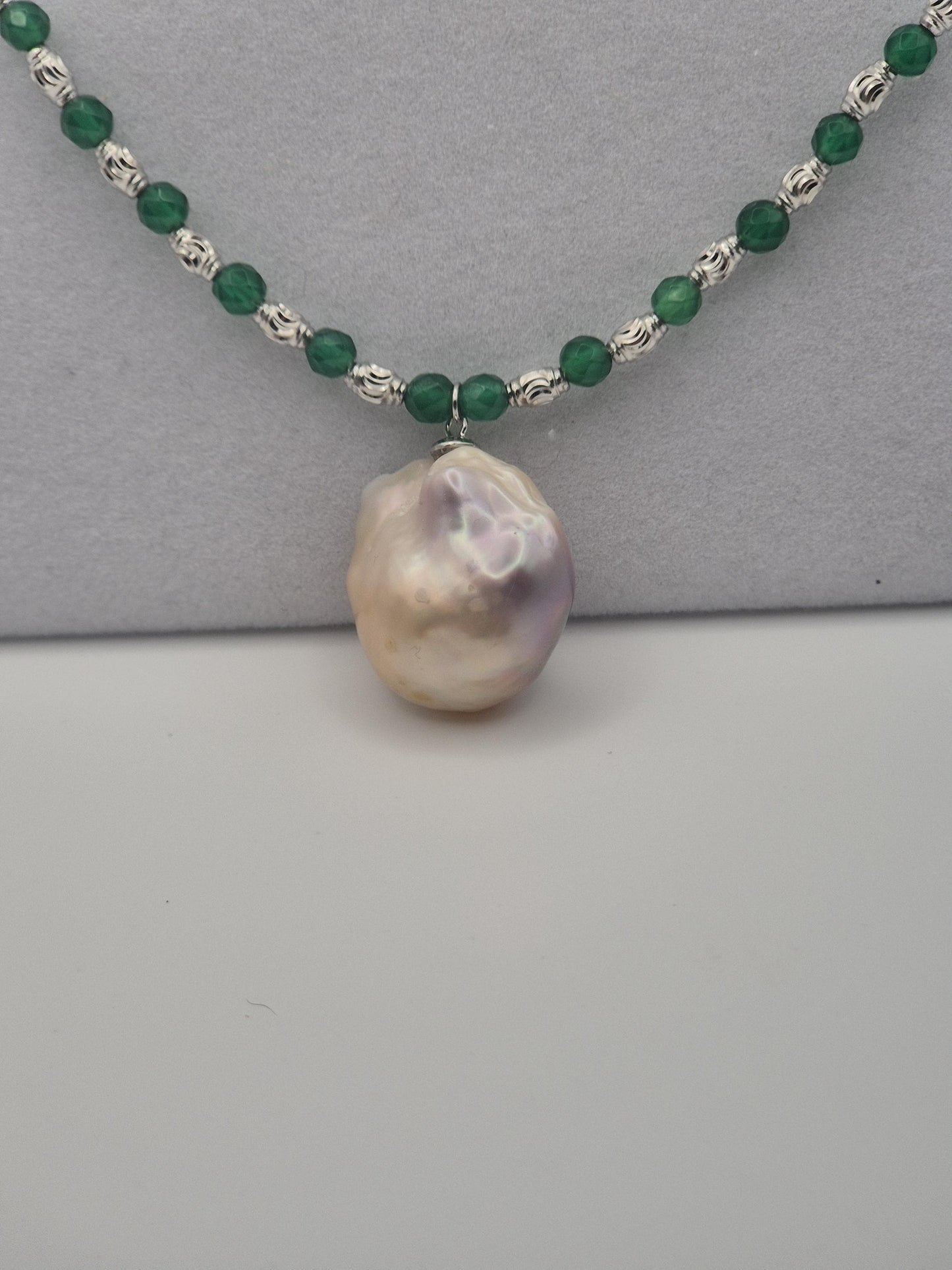 Jade & Stirling Silver Necklace with Baroque Pearl