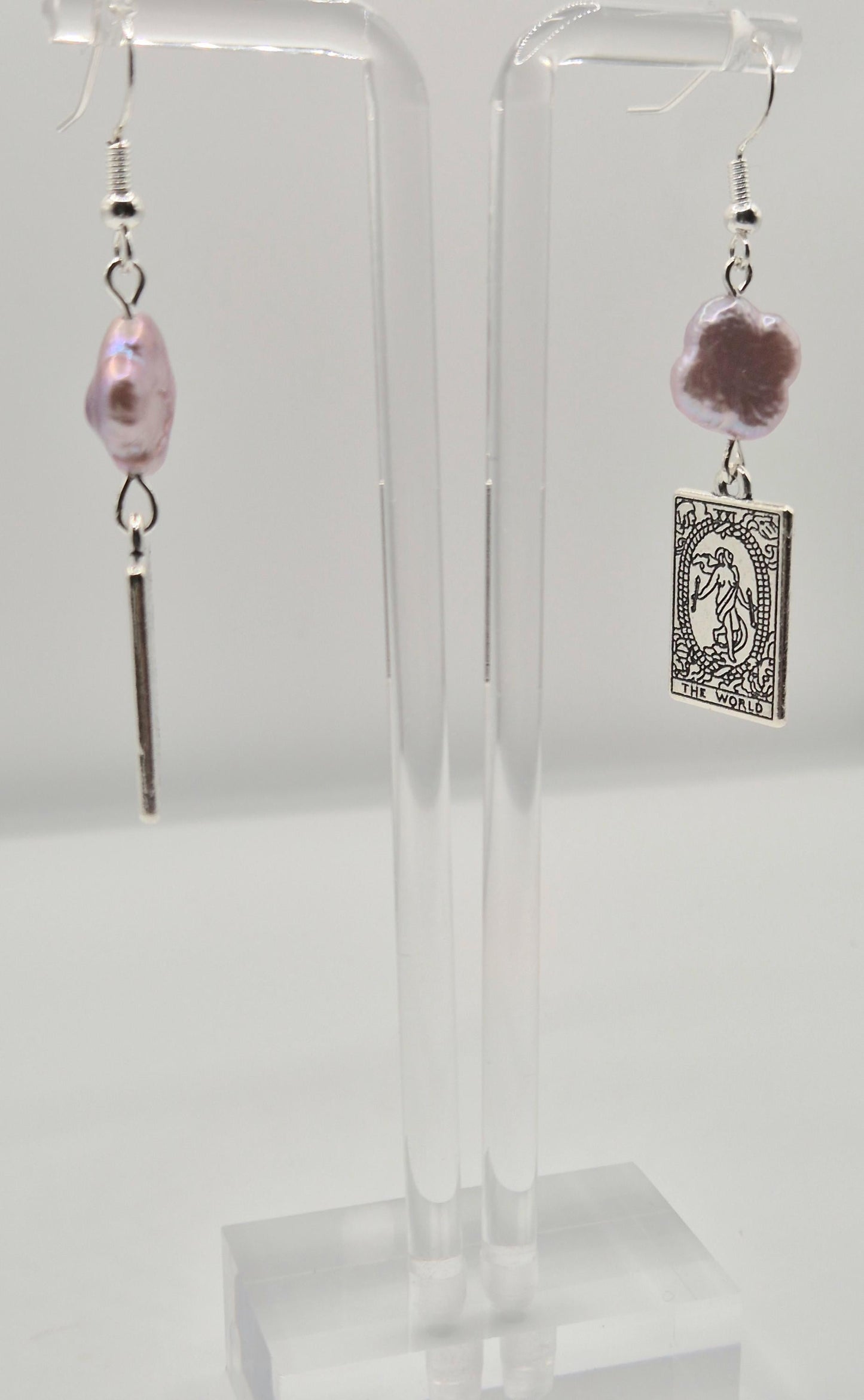 The World Tarot Card Earrings with Clover Pearls
