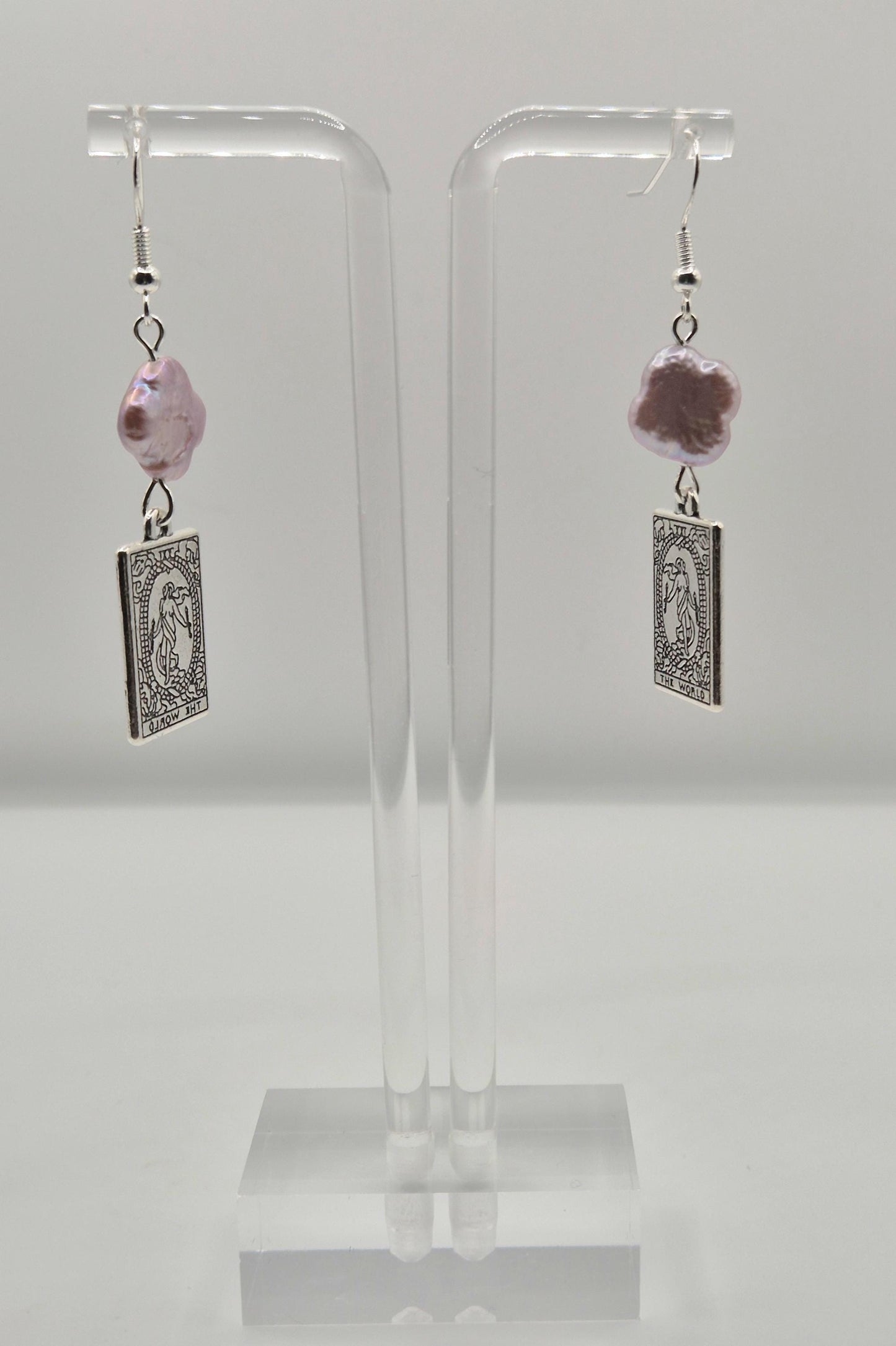 The World Tarot Card Earrings with Clover Pearls