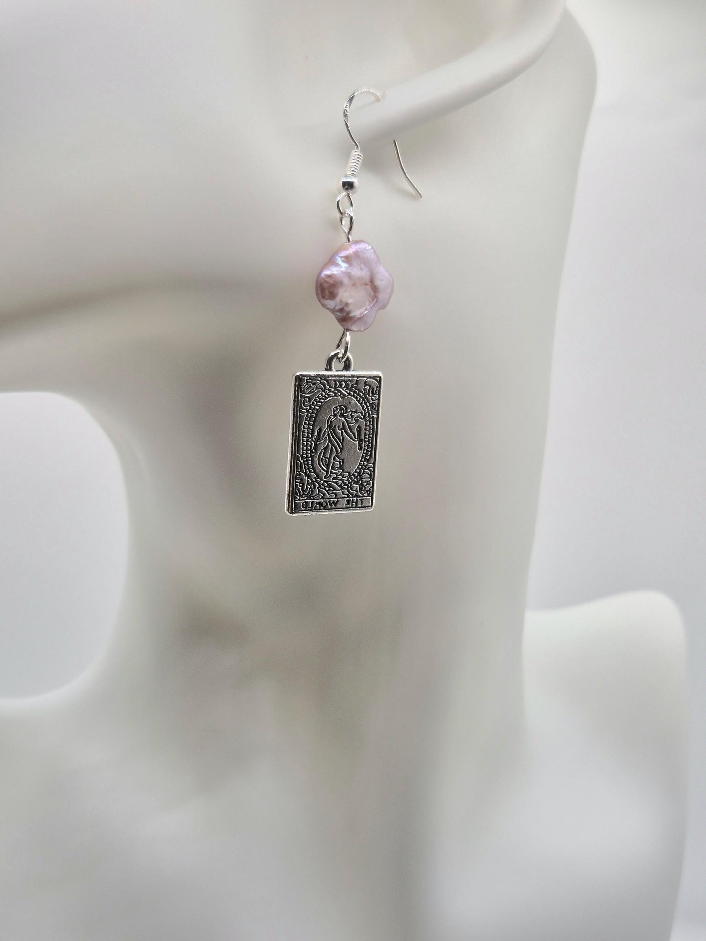 The World Tarot Card Earrings with Clover Pearls