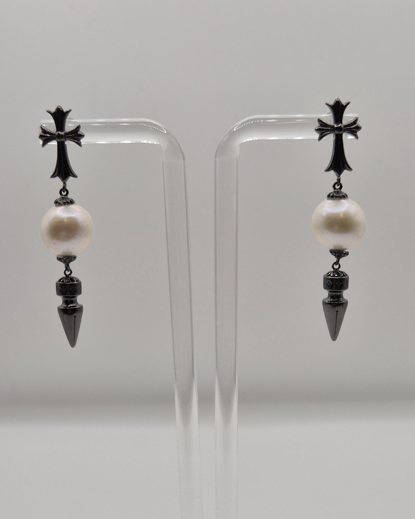 Nocturnal Crucifix Edison Pearl Drop Earrings