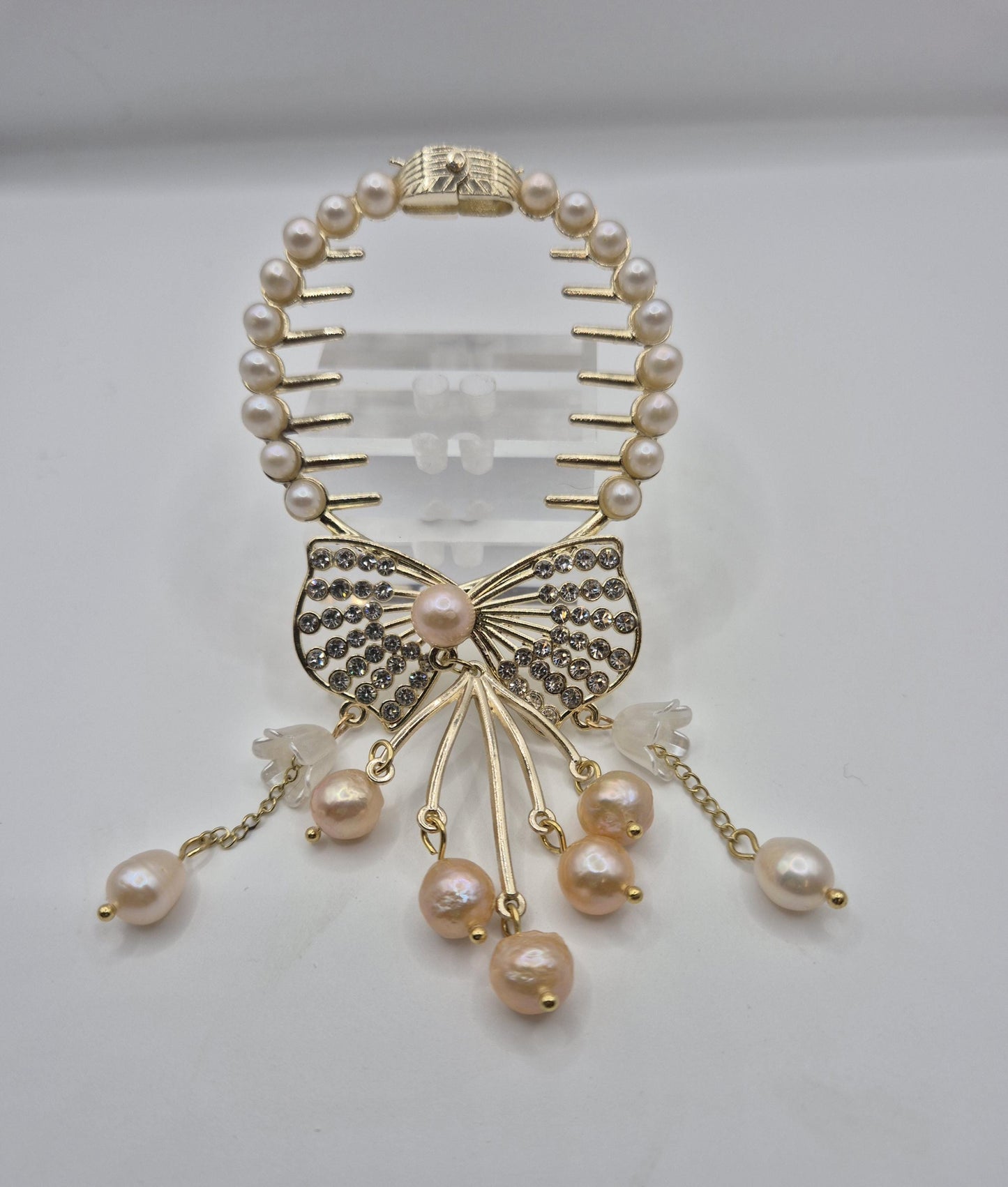 Gilded Bow Pearl Cascade Hair Comb