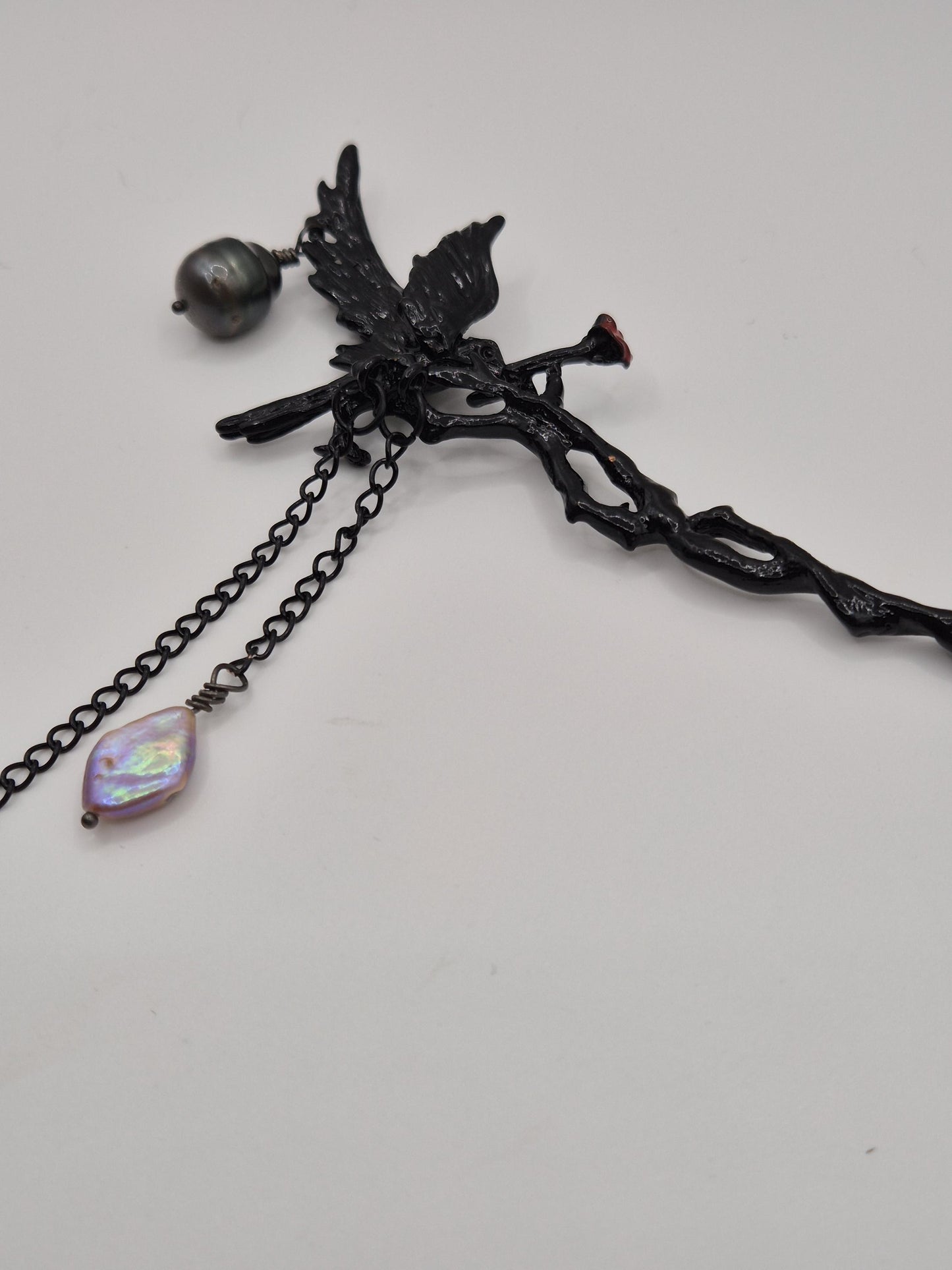 Enchanted Raven Hair Pin with Black Tahitian Pearl