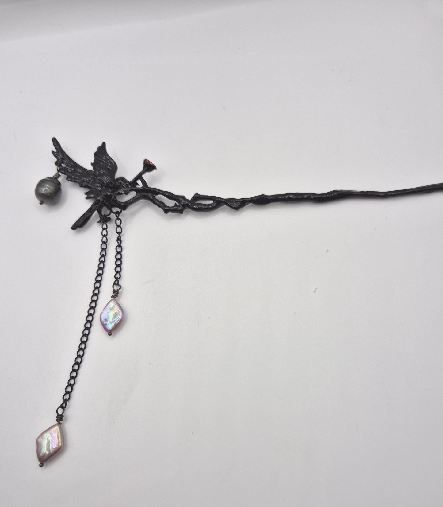 Enchanted Raven Hair Pin with Black Tahitian Pearl