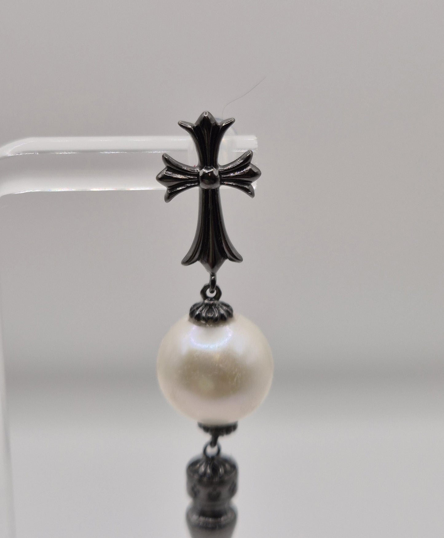 Nocturnal Crucifix Edison Pearl Drop Earrings