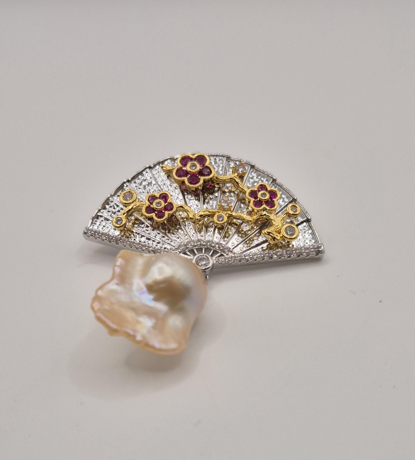 Plum Blossom Pearl Drop Fan Brooch