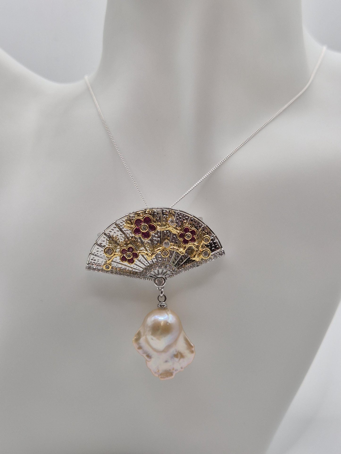 Plum Blossom Pearl Drop Fan Brooch