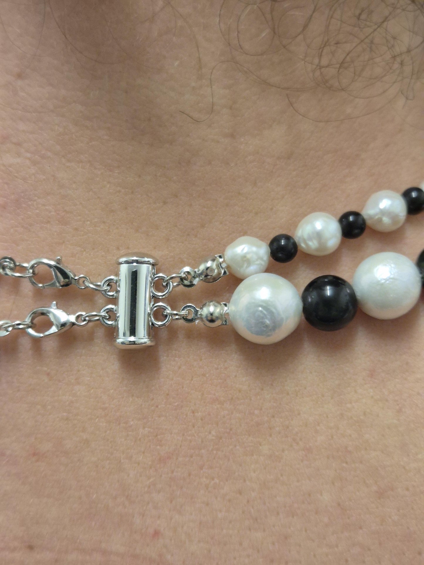Dark Grace Pearl & Obsidian Bead Statement Necklace with Removable Pearl Pendant