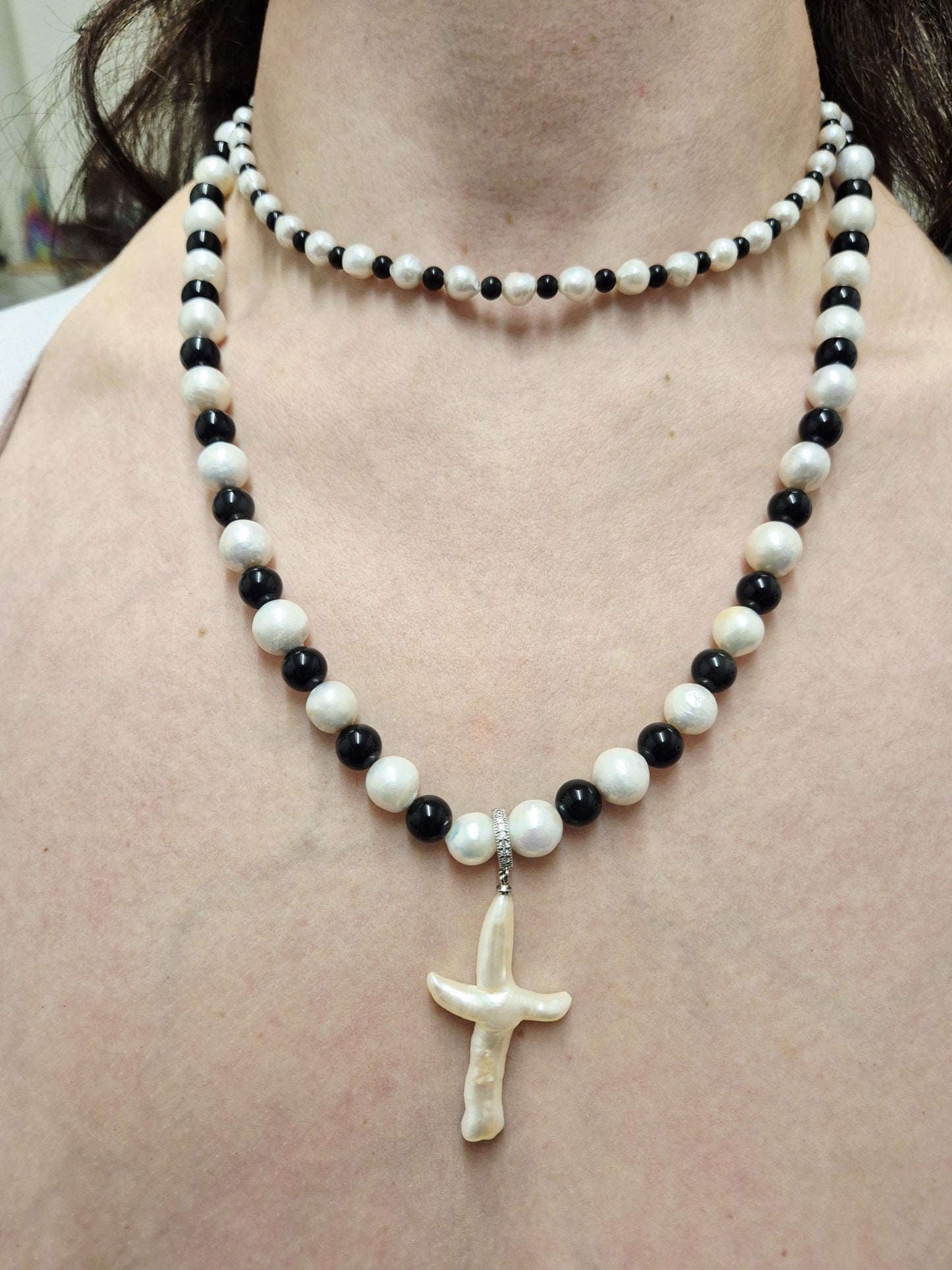 Dark Grace Pearl & Obsidian Bead Statement Necklace with Removable Pearl Pendant