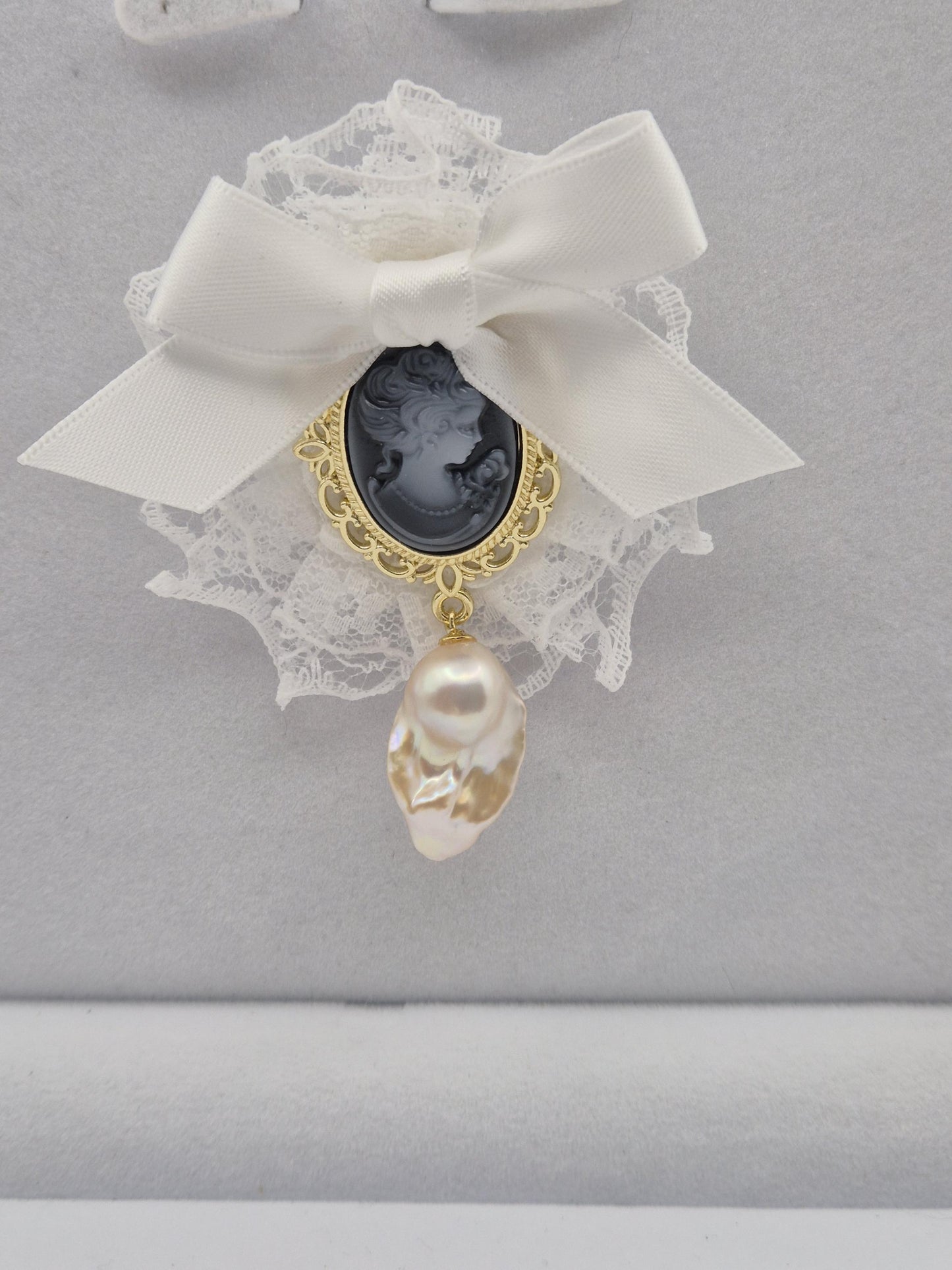 Whimsical King Pearl & White Lace Cameo Brooch