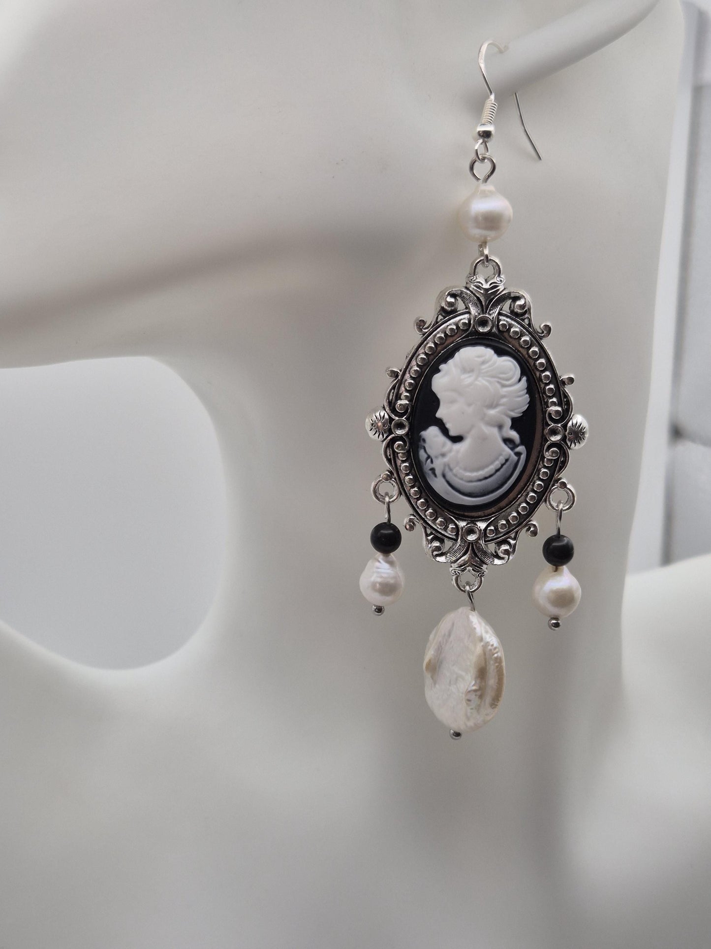 Vintage Cameo Pearl & Onyx Earrings with Large Button Pearl