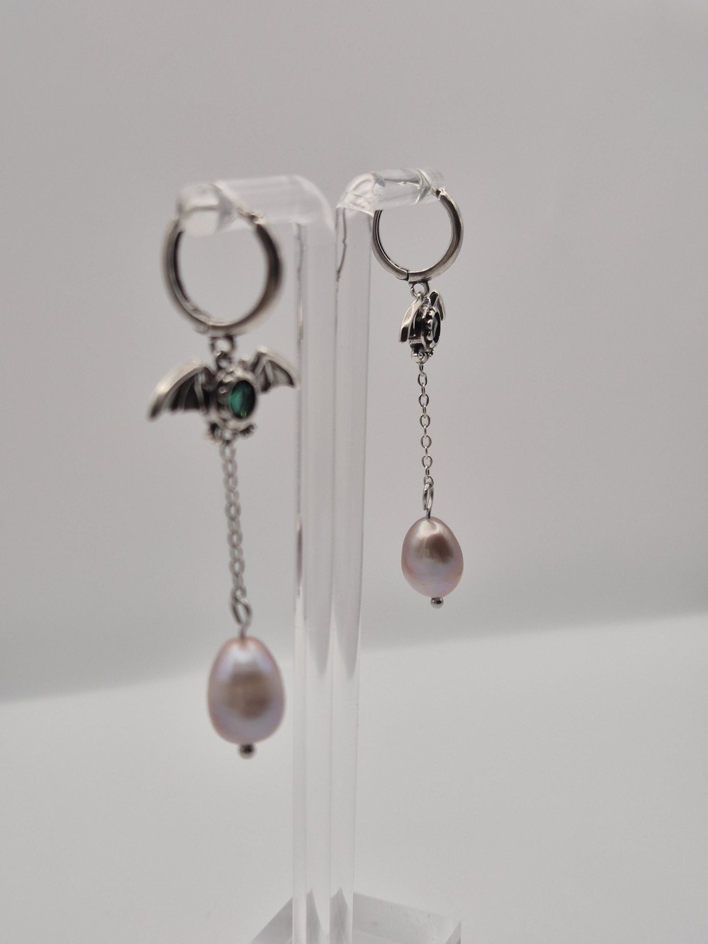 Beguiling Bat Pearl Drop Hoop Earrings