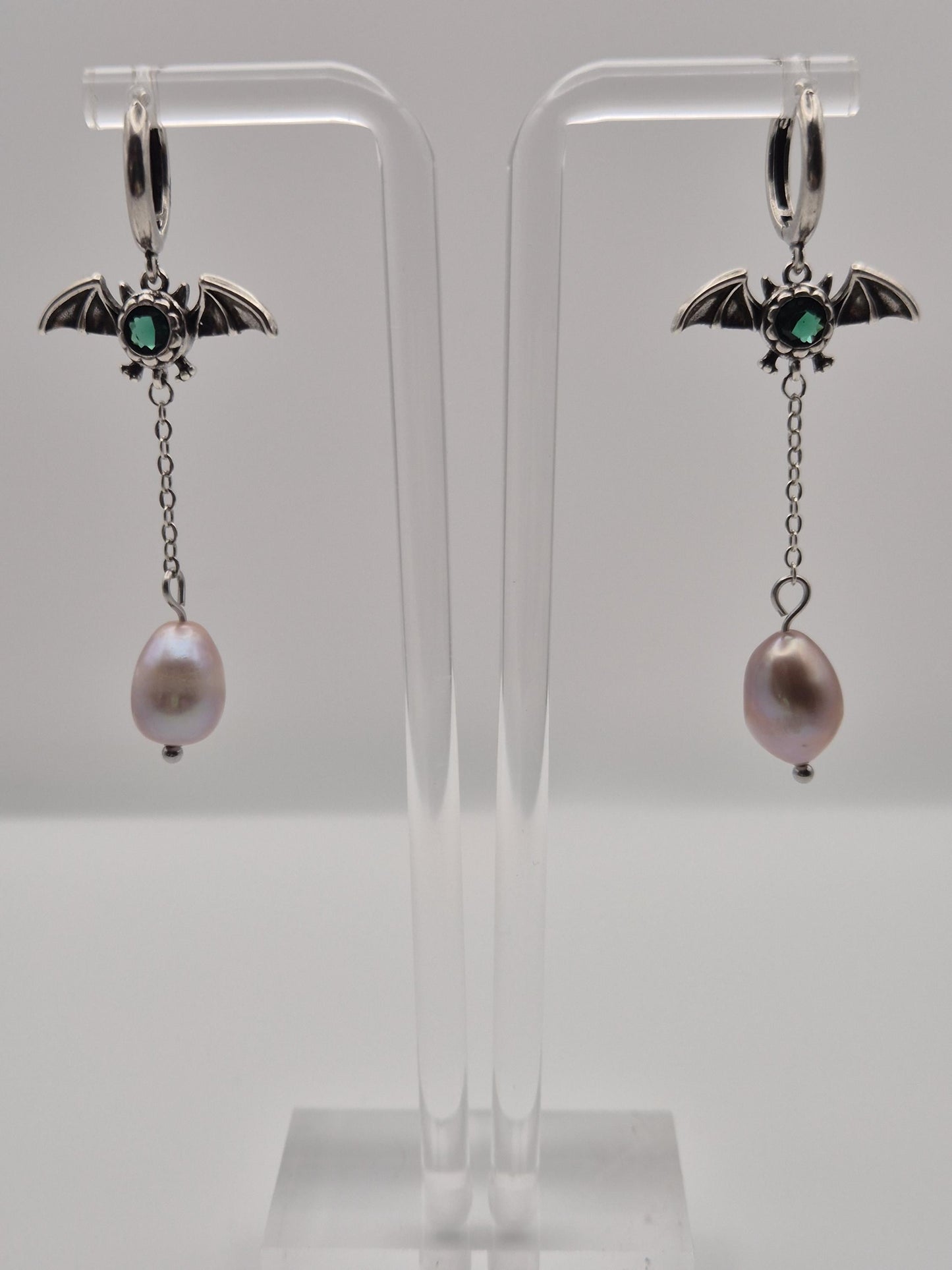 Beguiling Bat Pearl Drop Hoop Earrings