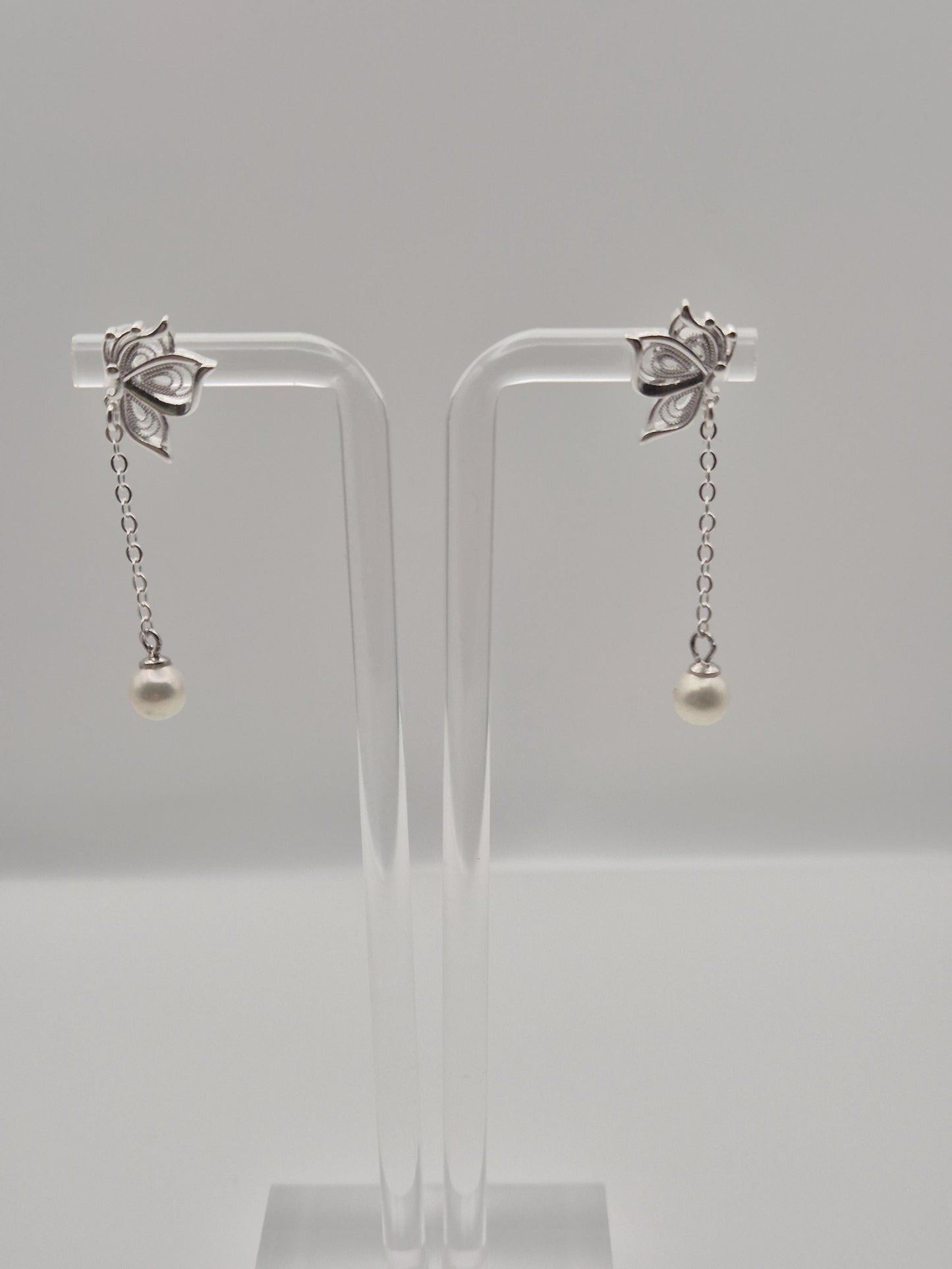 Silver Butterfly Saltwater Pearl Drop Stud Earrings