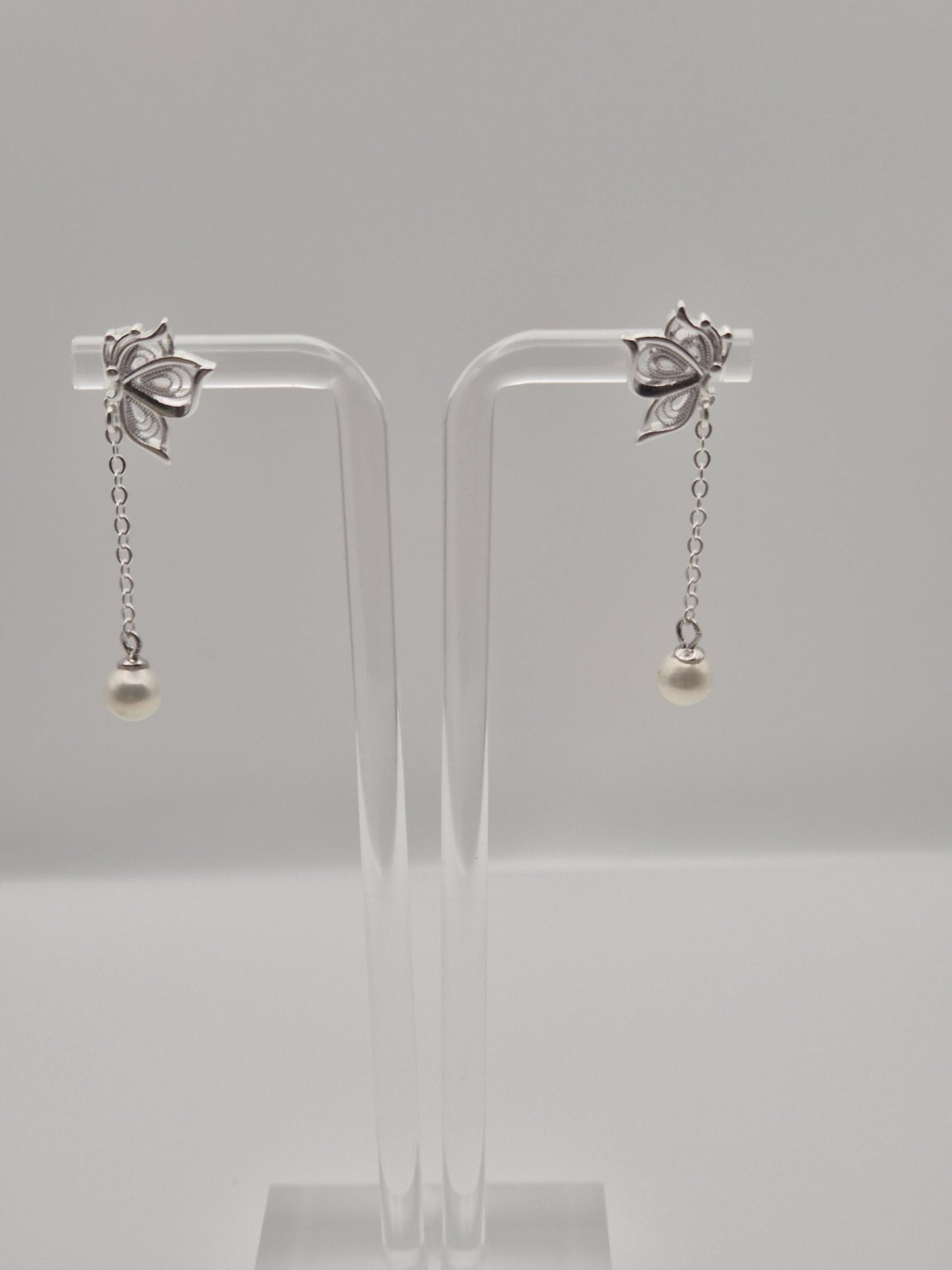 Silver Butterfly Saltwater Pearl Drop Stud Earrings