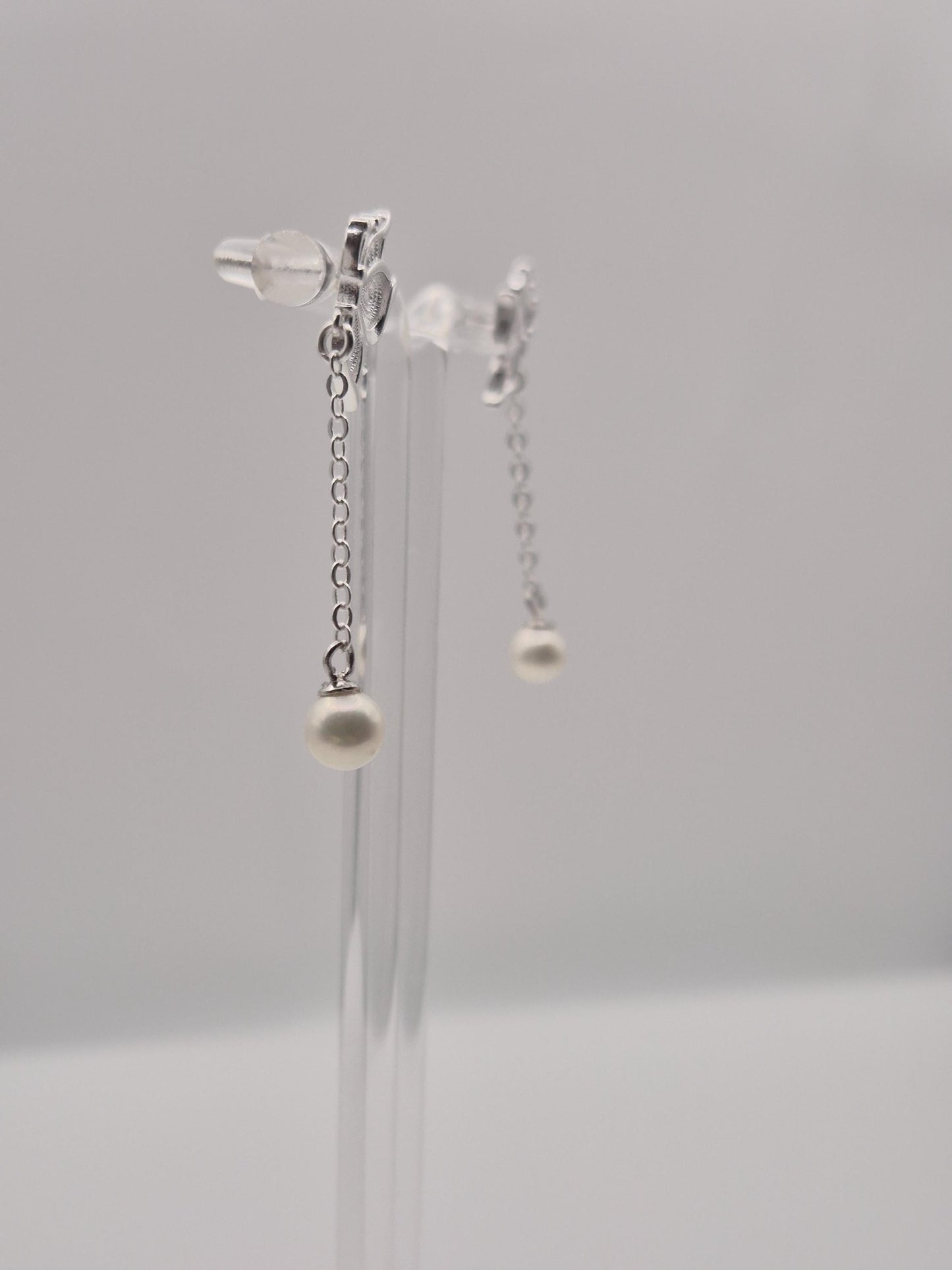 Silver Butterfly Saltwater Pearl Drop Stud Earrings