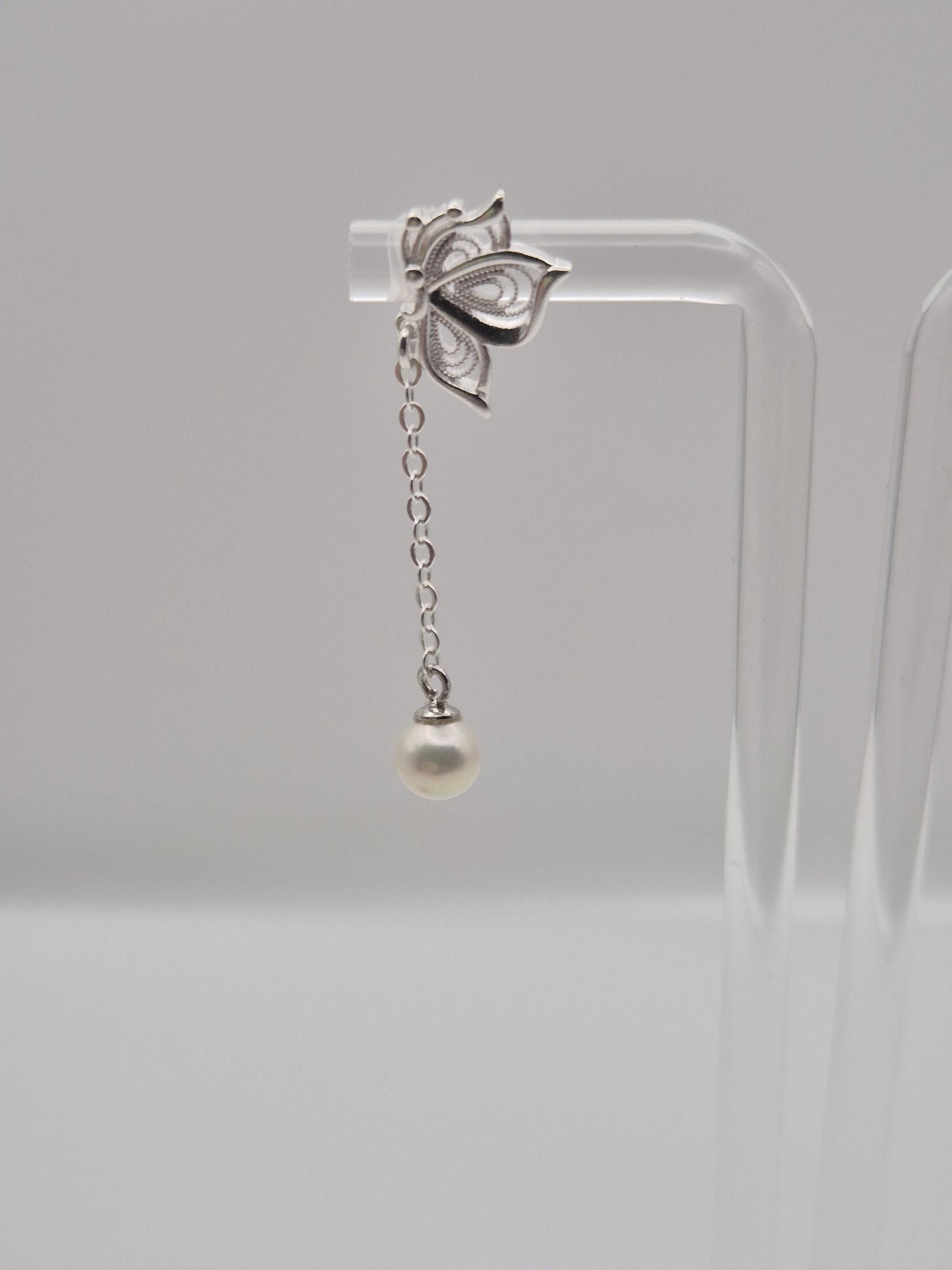 Silver Butterfly Saltwater Pearl Drop Stud Earrings