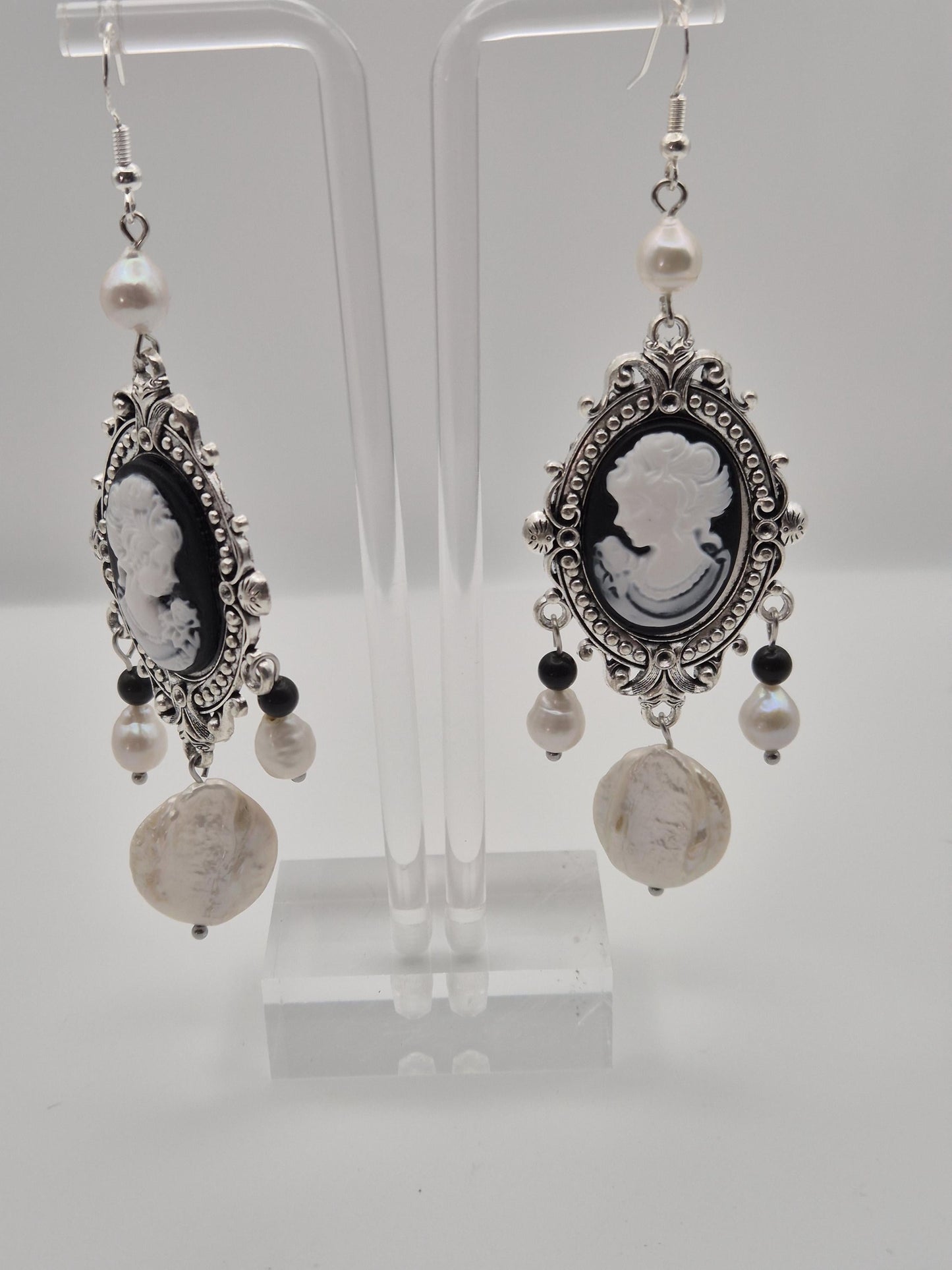 Vintage Cameo Pearl & Onyx Earrings with Large Button Pearl