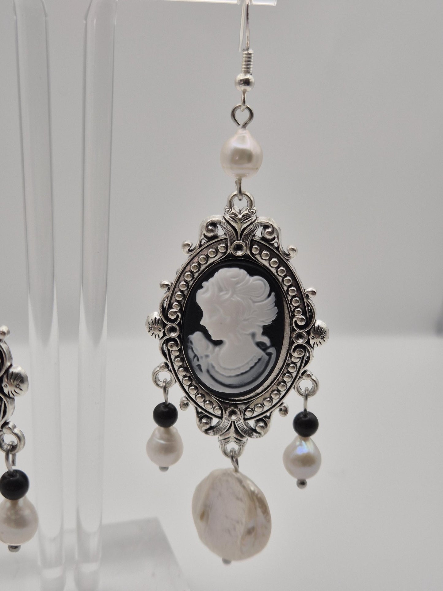 Vintage Cameo Pearl & Onyx Earrings with Large Button Pearl